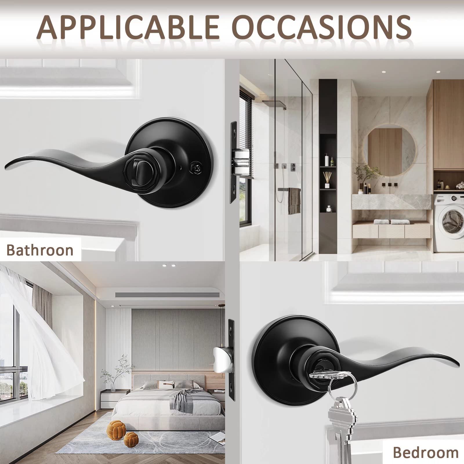 Probrico 1 Pack Black Wave Entry Door Lever Lock with 3 Keys - Reversible Left/Right Handed Office & Front Door Handle Set - Perfect for Homes, Offices & Commercial Buildings Security