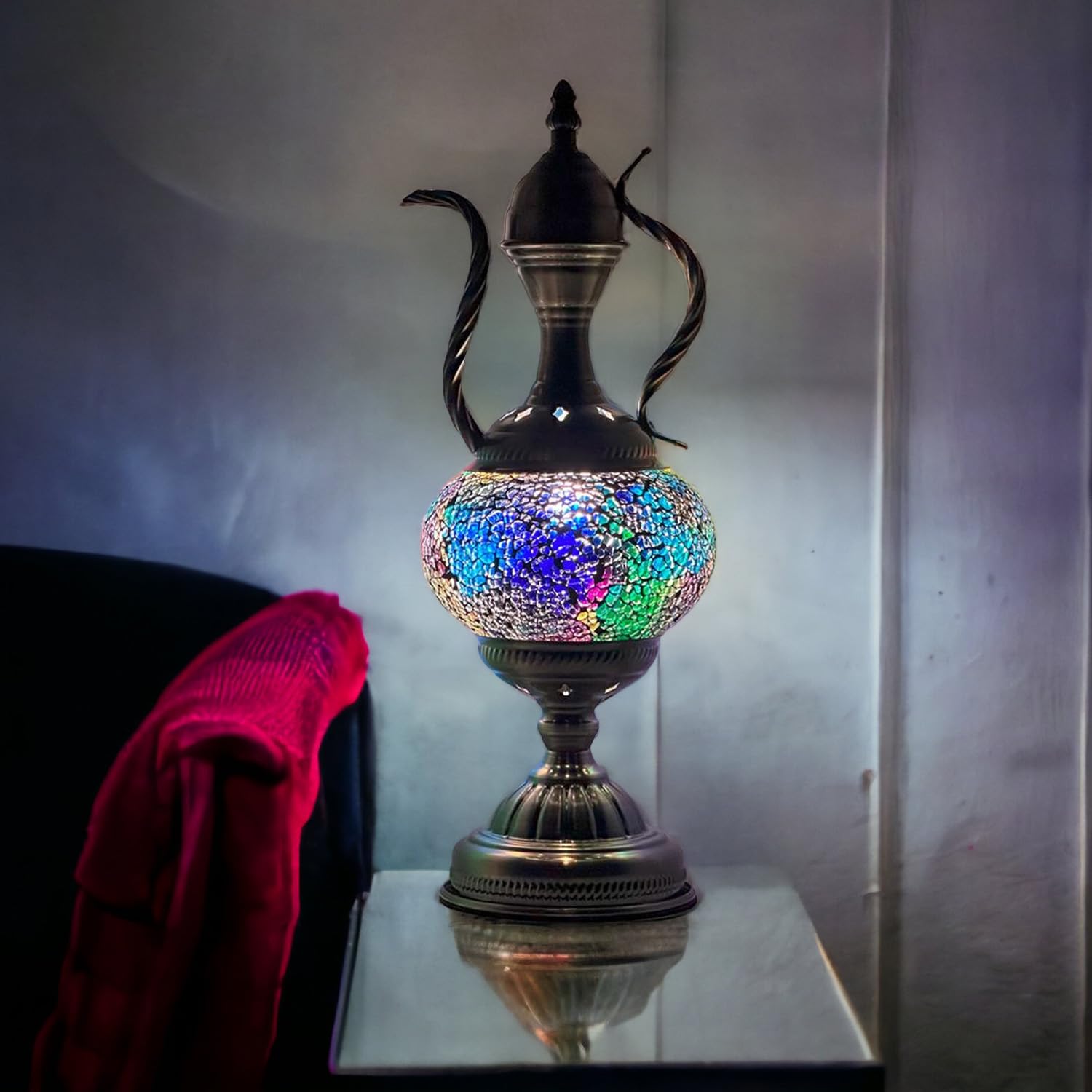 Handcrafted Mosaic Turkish Teapot Lamp with Moroccan Glass & Bronze Base - E12 Bulb Included - Perfect for Home Decor, Living Room, Bedside Table & Office Desk Lighting (Spring Bright Collection)
