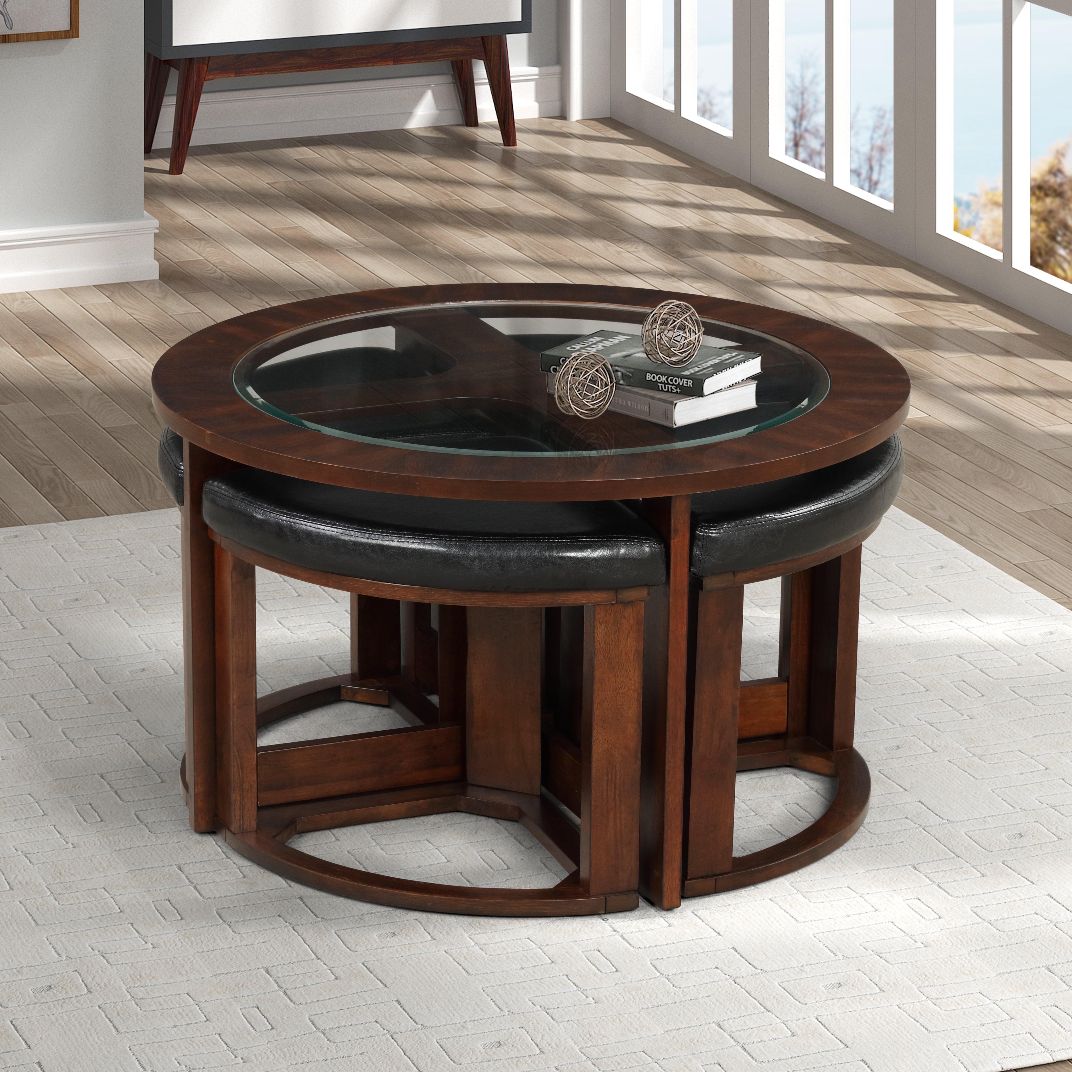 Roundhill Furniture Cylina Solid Wood Round Coffee Table with Tempered Glass Top & 4 Matching Stools - Perfect for Living Room, Lounge, and Home Decor