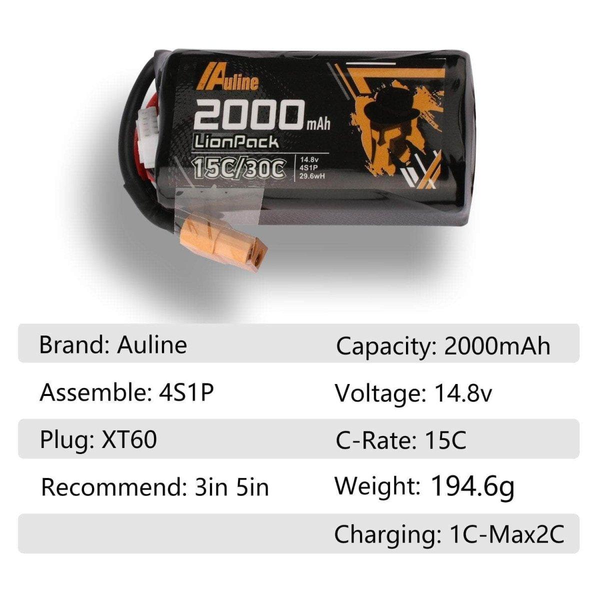Auline 14.8V 4S 18650 2000mAh 30C Li-Ion Rechargeable Battery with XT60 Connector - Perfect for RC Drones, Airsoft Guns, and DIY Electronics Projects