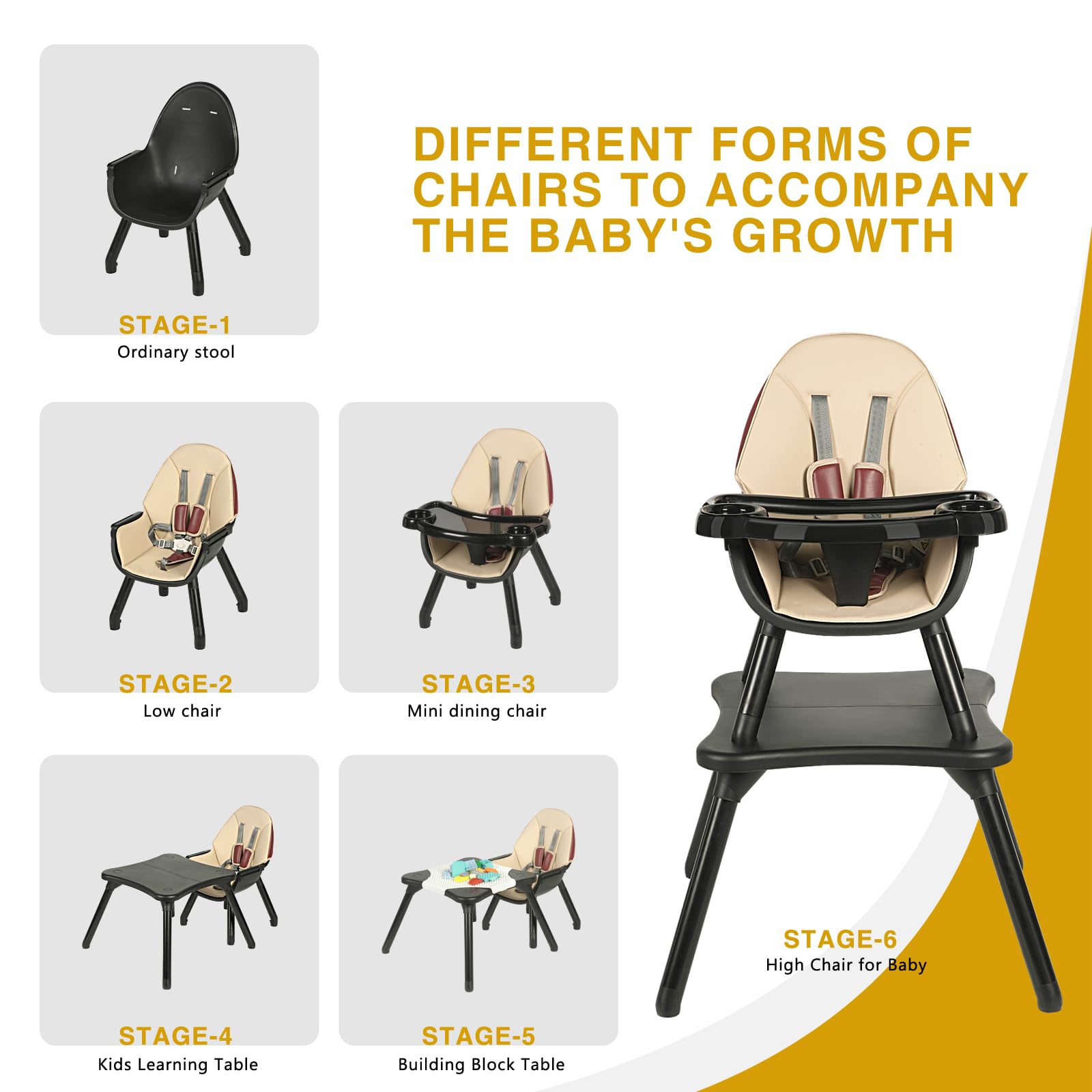 Gofirst 6-in-1 Convertible Baby High Chair with 5-Point Harness - Toddler Booster Seat, Feeding Chair & Table Set - Adjustable 4-Position Removable Tray & PU Cushion - Perfect for Dining, Weaning & Playtime