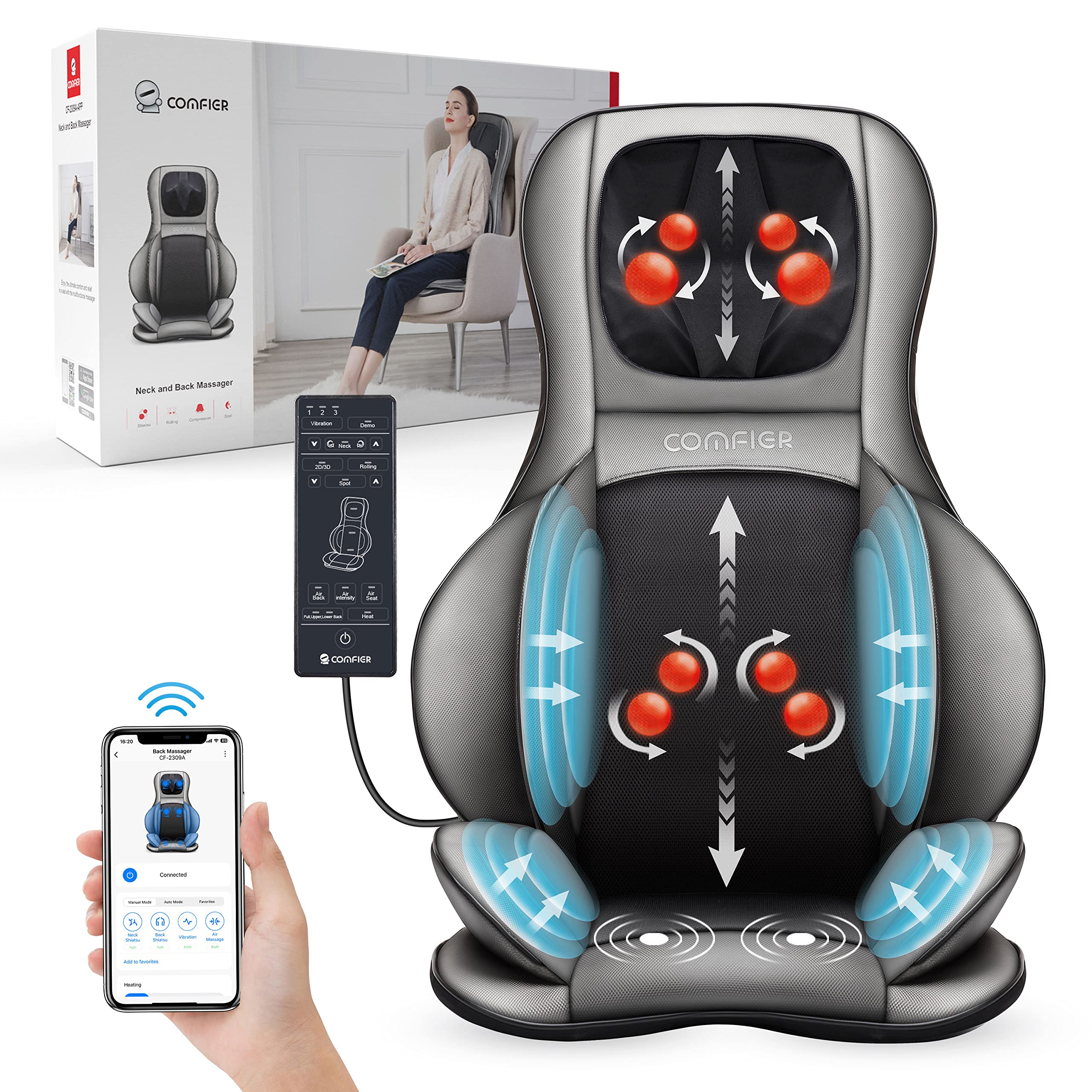 COMFIER Shiatsu Neck & Back Massager with Heat & Compression - 2D/3D Deep Tissue Kneading Massage Chair Pad, App Controlled Full Body Massager for Home/Office - Perfect Gift for Father, Men & Women (Grey) - Relieve Stress, Muscle Pain & Improve Posture While Working or Relaxing