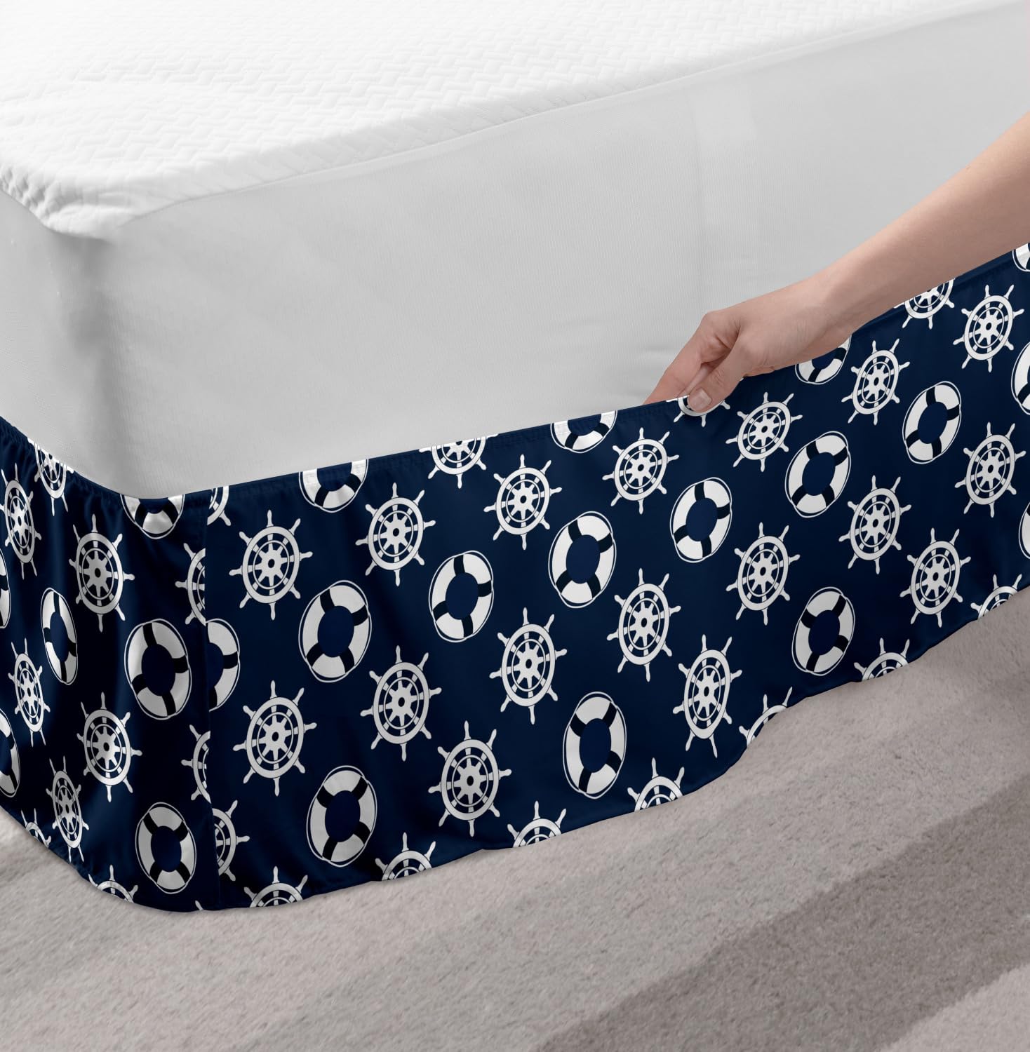 Ambesonne Nautical Blue Bed Skirt - King Size Elastic Dust Ruffle Wrap Around with Summer Marine Anchor & Wheel Design - Blue and White Striped Bedding Decor for Coastal or Beach Themed Bedrooms