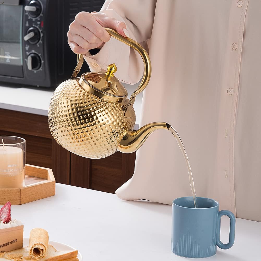 SANQIAHOME 1500ml Stainless Steel Teapot with Infuser - Induction & Gas Compatible Tea Kettle with Ergonomic Handle - Perfect for Home, Office, and Tea Ceremonies (Gold)