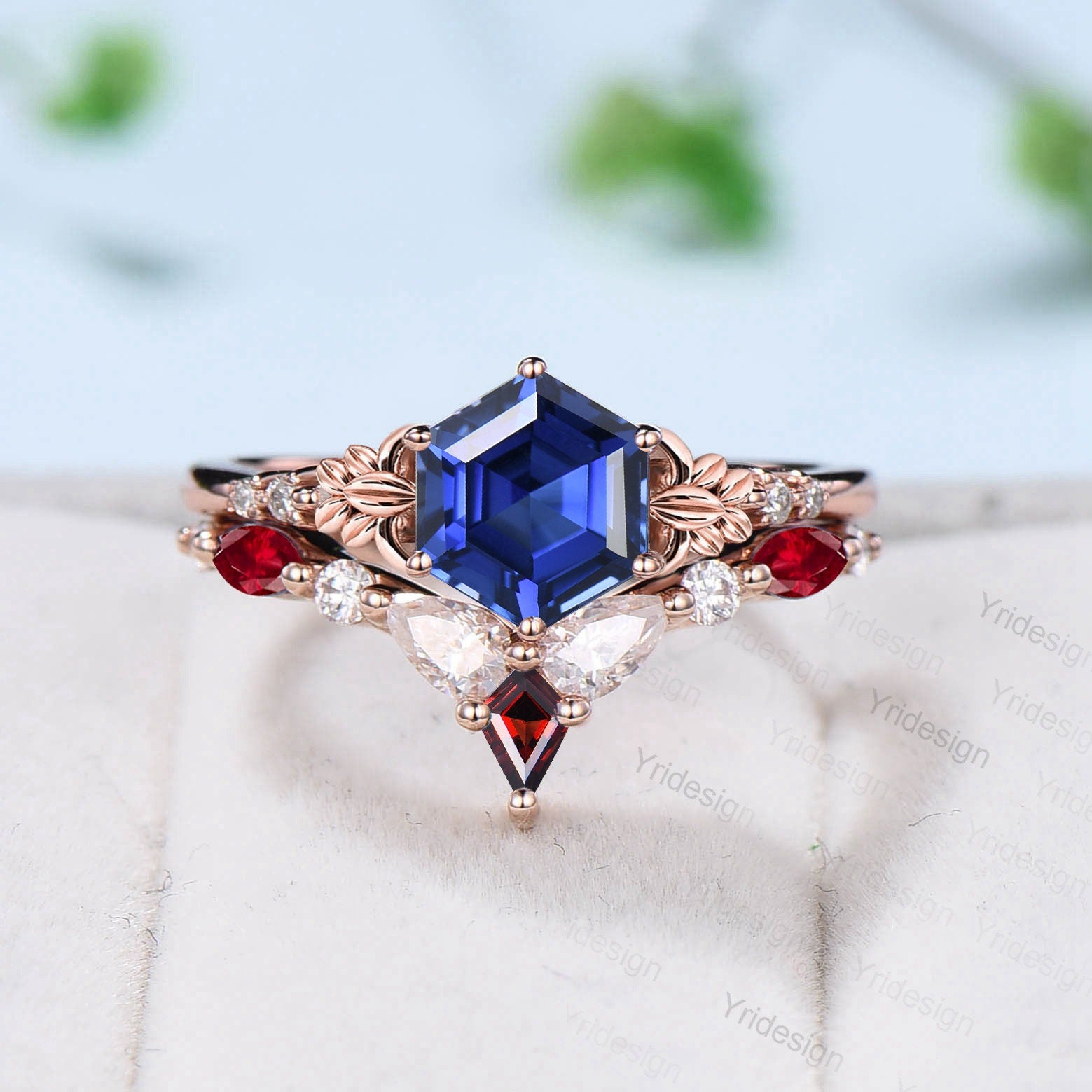 Vintage Hexagon Sapphire & Ruby Engagement Ring Set - Nature Inspired Leaf Design, Blue Sapphire Wedding Ring, Floral Cluster Bridal Jewelry for Women - Perfect for Proposals, Anniversaries & Romantic Occasions