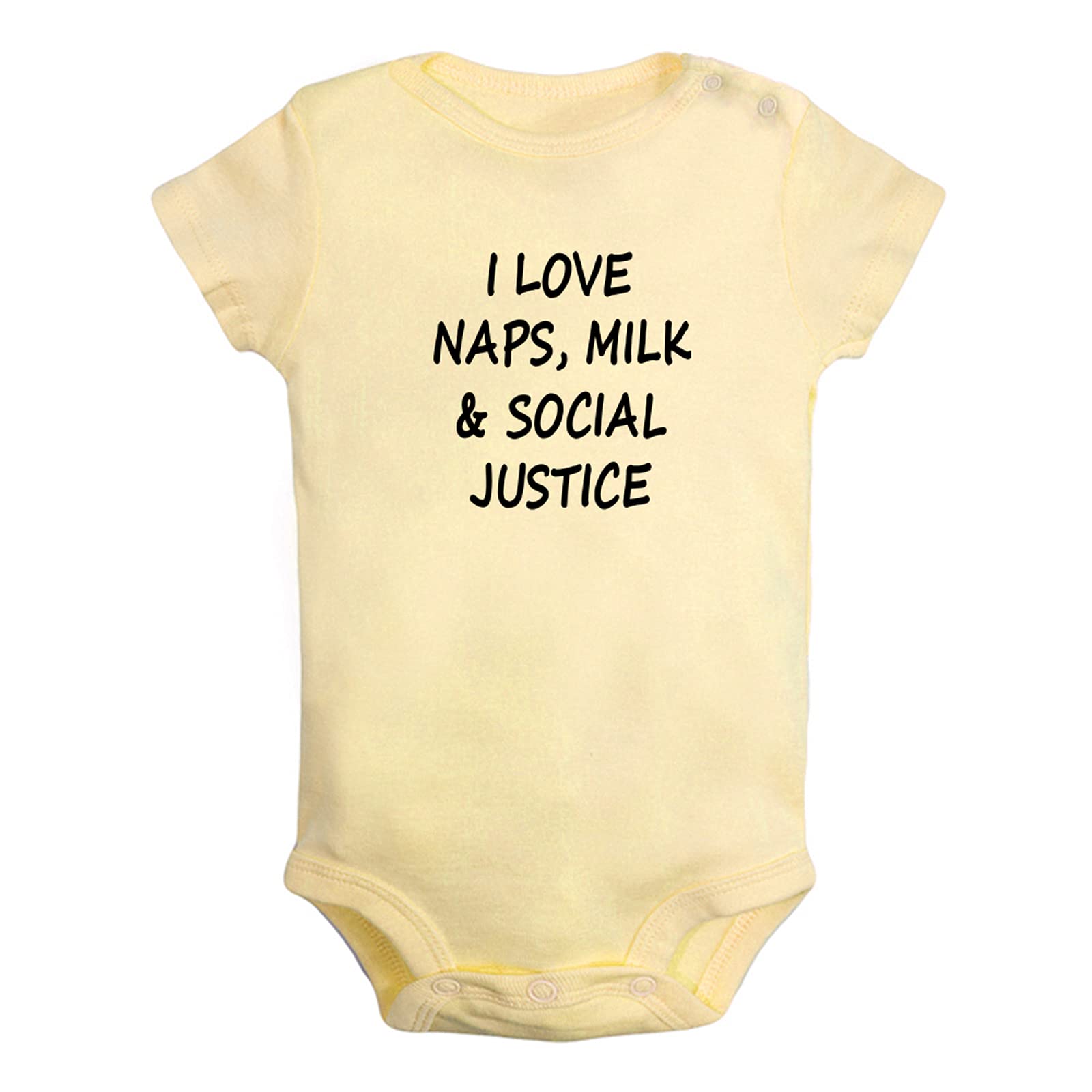 iDzn Funny 'I Love Naps Milk And Social Justice' Baby Romper - Newborn Bodysuit & Infant Jumpsuit - Cute Novelty Outfit for Playtime, Family Photos & Social Events