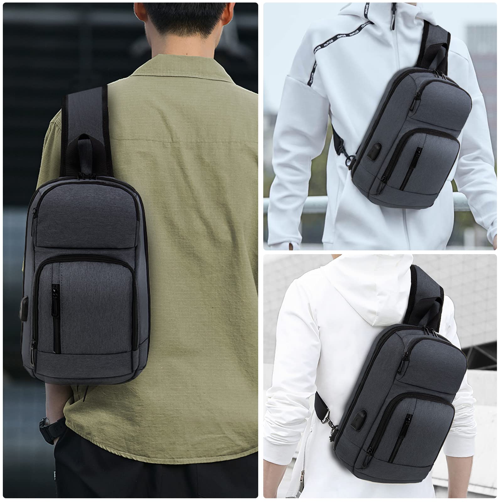 KINGSLONG 14-16 Inch Men's Sling Bag with USB Charging Port - Waterproof Crossbody Bag Fits 10.2 Inch iPad, Travel & Commuter Daypack for Work, Gym, Hiking & Outdoor Activities