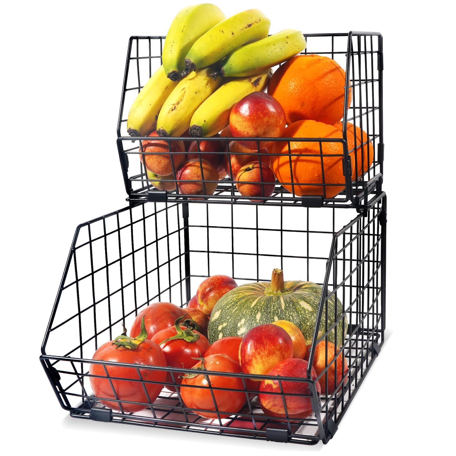 Metal Wire Stackable Storage Baskets with Wheels - 2 Tier Fruit & Vegetable Organizer for Potato, Onion, Kitchen Pantry | Space-Saving Storage Cart for Home, Office, Bathroom | Perfect for Small Spaces & Clutter-Free Organization