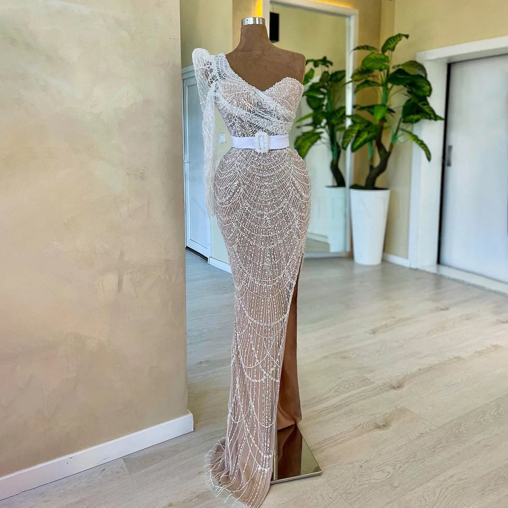 Elegant White One Shoulder Mermaid Evening Gown with Beaded Details - Luxury Formal Dress for Women - Perfect for Weddings, Galas & Special Occasions