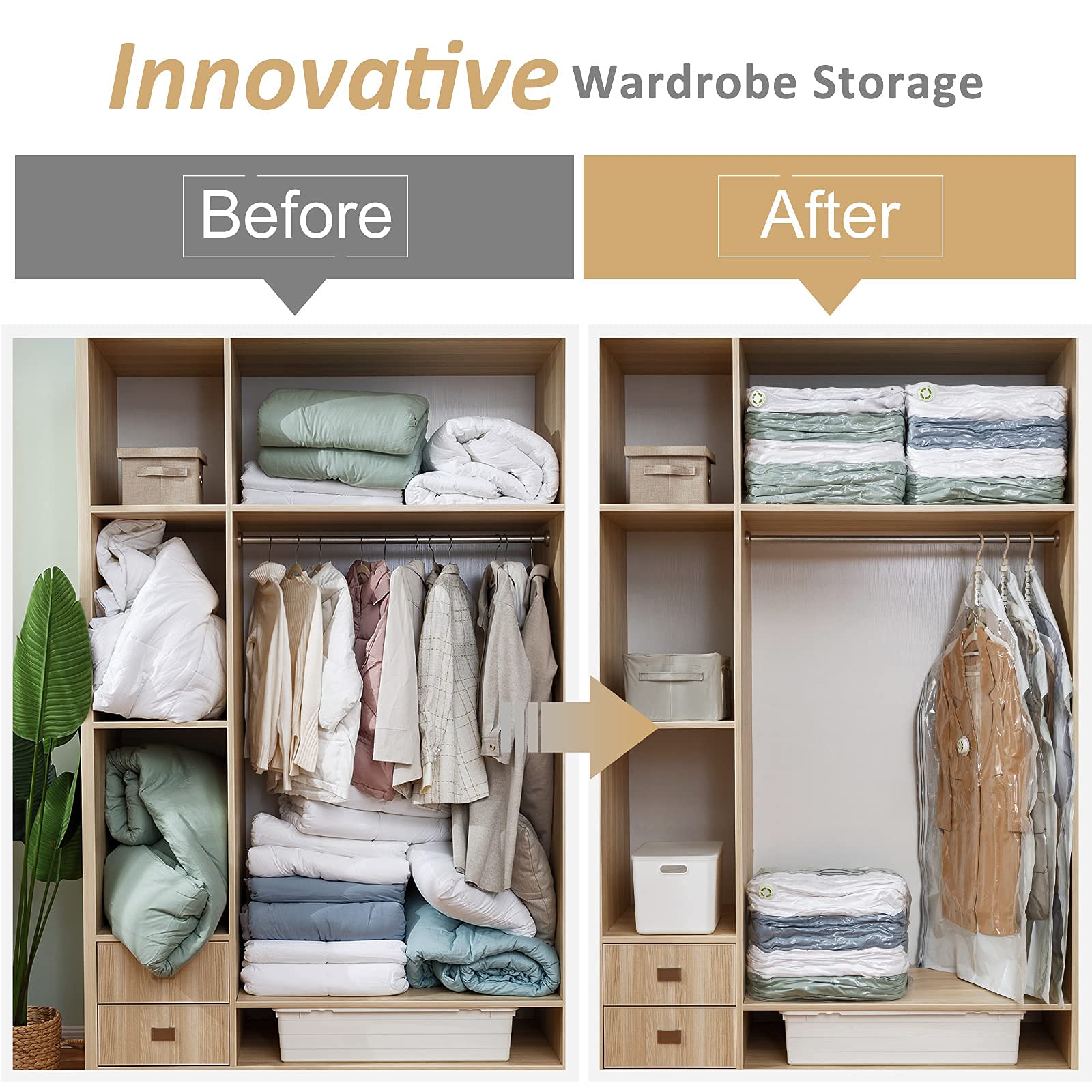 TAILI Hanging Vacuum Storage Bags (3-Pack) & Cube Vacuum Storage Bags (9 Jumbo Pack) - Space Saving Closet Organizers for Seasonal Clothes, Blankets & Travel Luggage