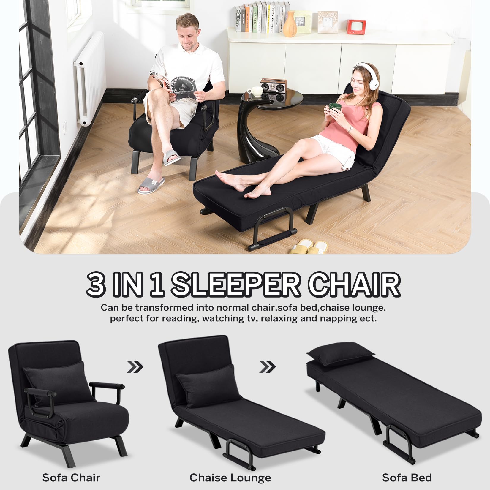 3-in-1 Convertible Sleeper Chair with 6 Adjustable Positions - Foldable Chaise Lounge & Recliner Sofa for Living Room, Study, Office (Black) | Perfect for Small Spaces, Guest Rooms & Home Theaters