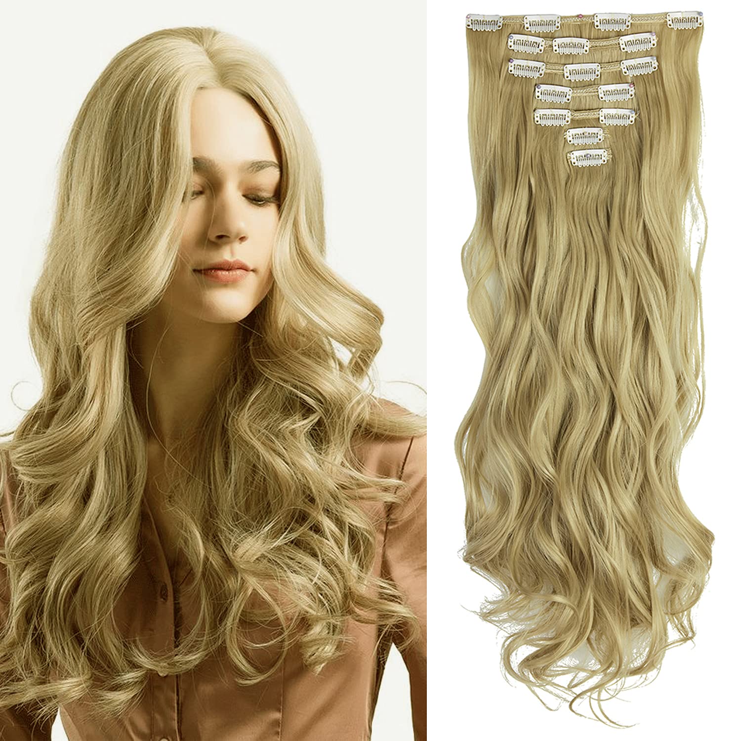 7PCS 16 Clips Double Weft Synthetic Hair Extensions - Curly Wave Thick Full Head Wavy Hairpieces in Ash Blonde | Perfect for Parties, Weddings & Daily Styling