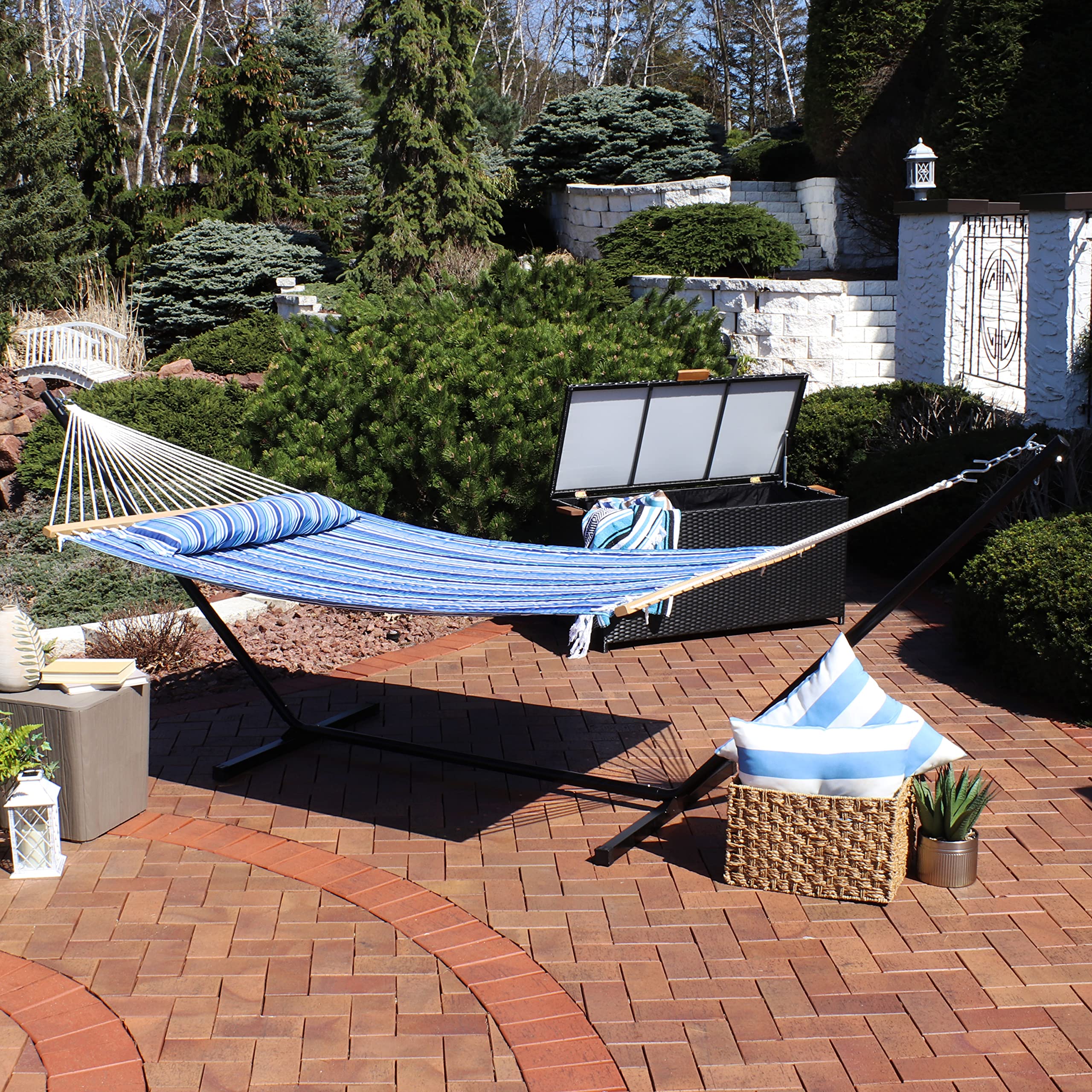 Premium Sunnydaze Quilted Double Hammock with 12-Foot Steel Stand - 350 lb Capacity for 2 Persons - Perfect for Backyard, Beach, Camping & Outdoor Relaxation - Catalina Beach Design
