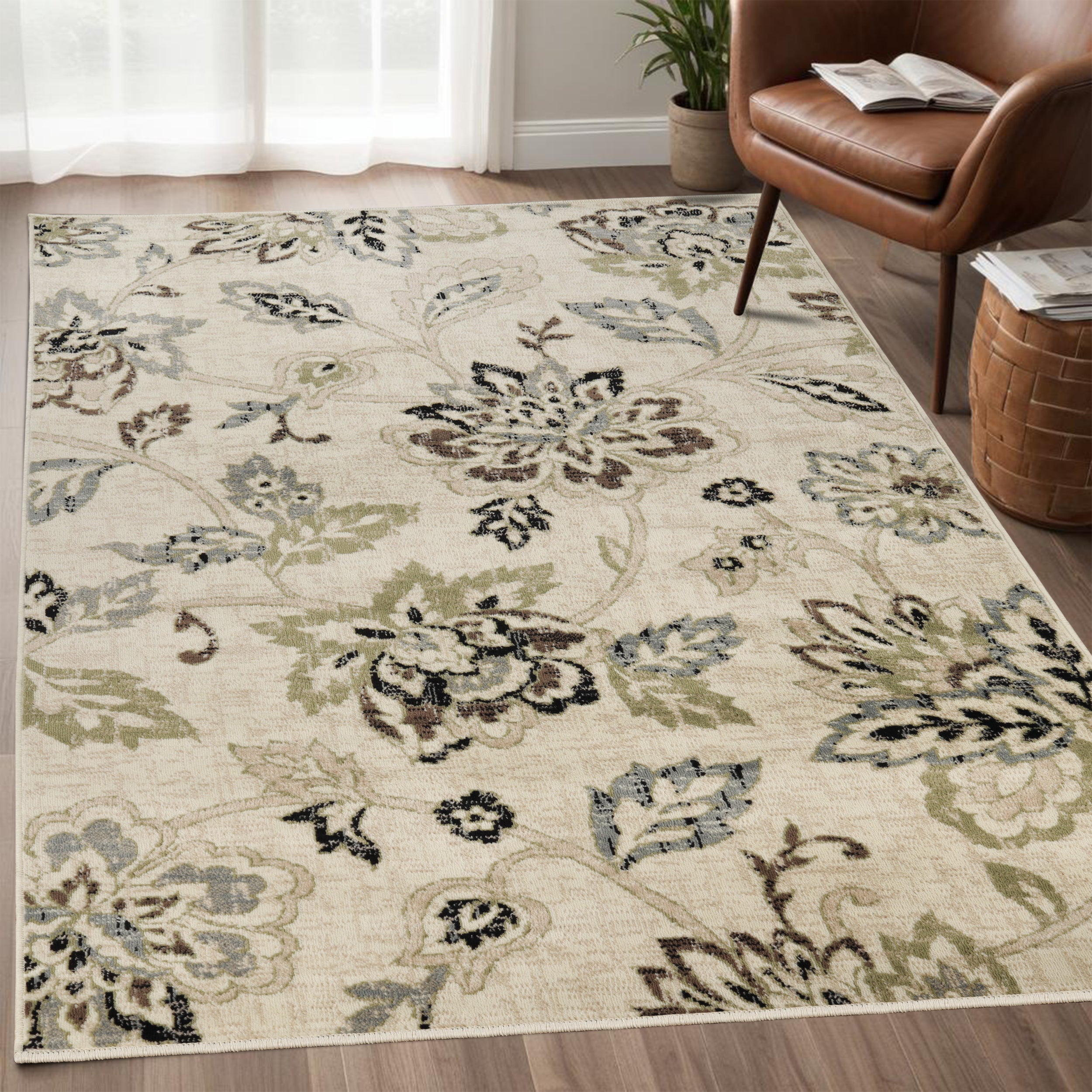 Jacobean Floral Modern Farmhouse Indoor Area Rugs & Runner Rugs - Soft Non-Slip Living Room Bedroom Decor for Cozy Home
