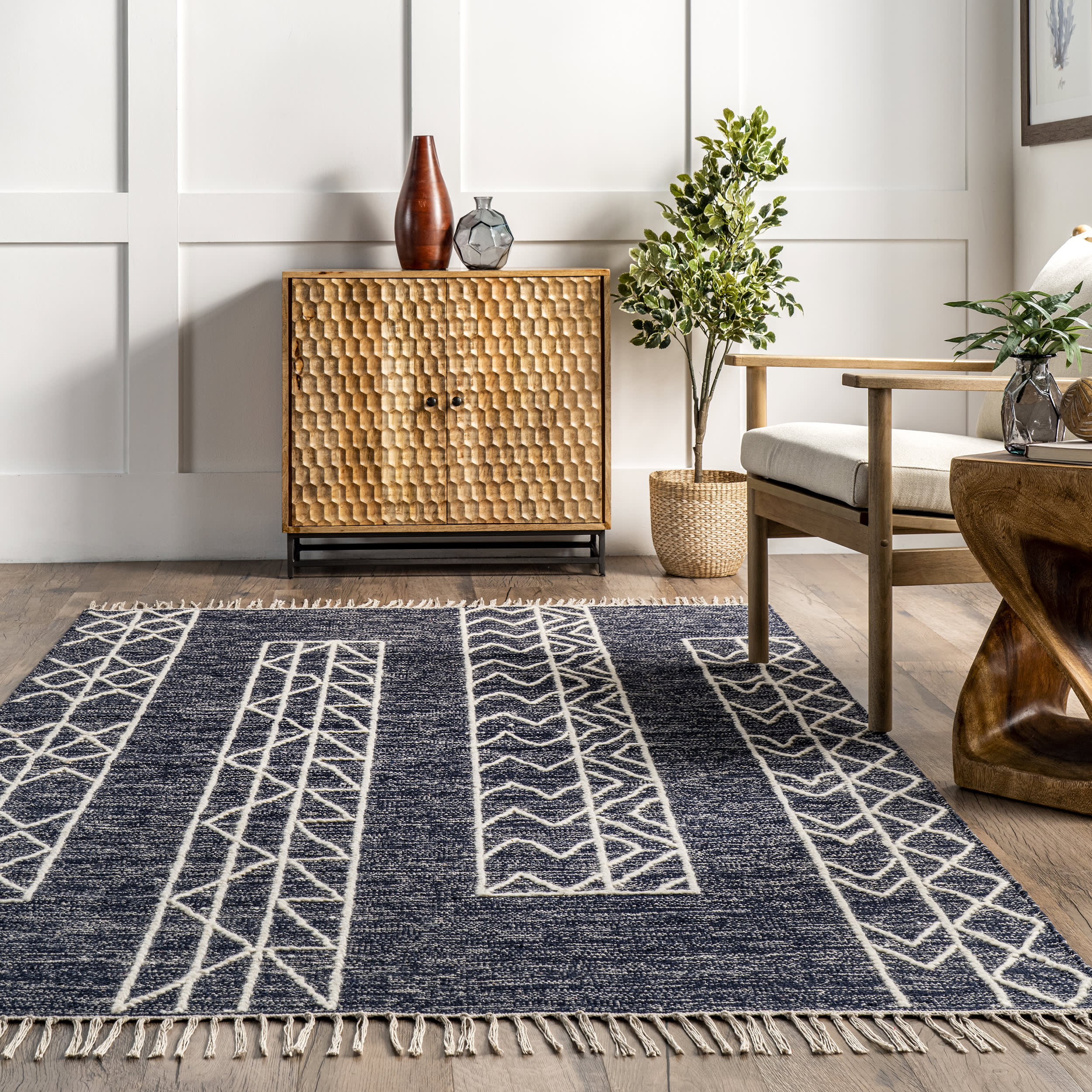 Chrissy Banded Tasseled Area Rug - Soft Bohemian Blue Accent Rug for Living Room, Bedroom & Nursery Decor