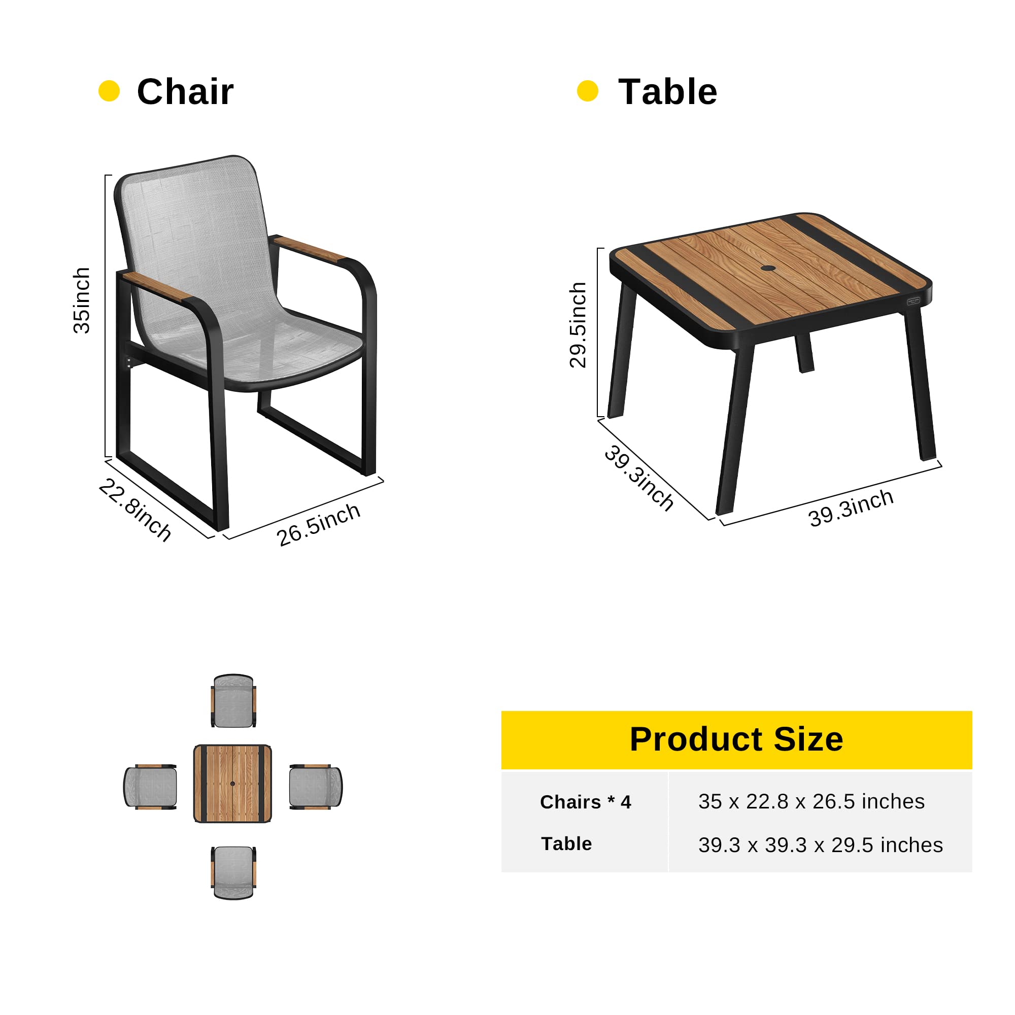 EAST OAK 5-Piece Outdoor Dining Set - Teak Wood & Aluminum Patio Furniture with Teslin Fabric Chairs - Weatherproof Garden & Yard Dining Table Set (Dark Grey) - Perfect for Backyard BBQs, Poolside Entertaining & Outdoor Gatherings