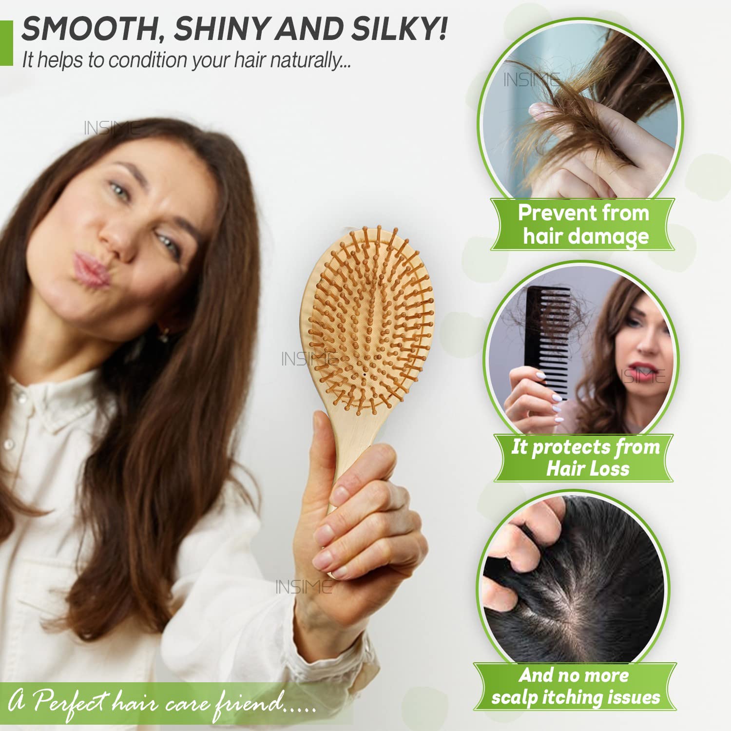 INSIME Bamboo Wooden Hair Brush for Women & Men - Hair Growth & Styling for Curly Hair at Home & Travel