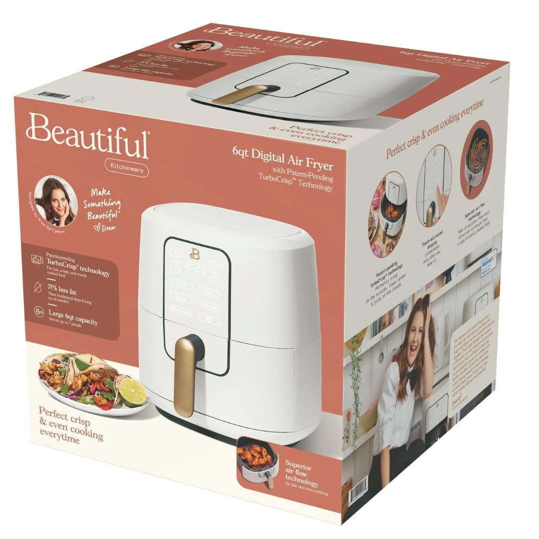 6 Qt Air Fryer with TurboCrisp Technology - Touchscreen Control, Adjustable Temp 175°F-400°F, Nonstick Basket, Fast & Even Cooking - Perfect for Family Dinners, Meal Prep & Healthy Snacks - White Icing Design
