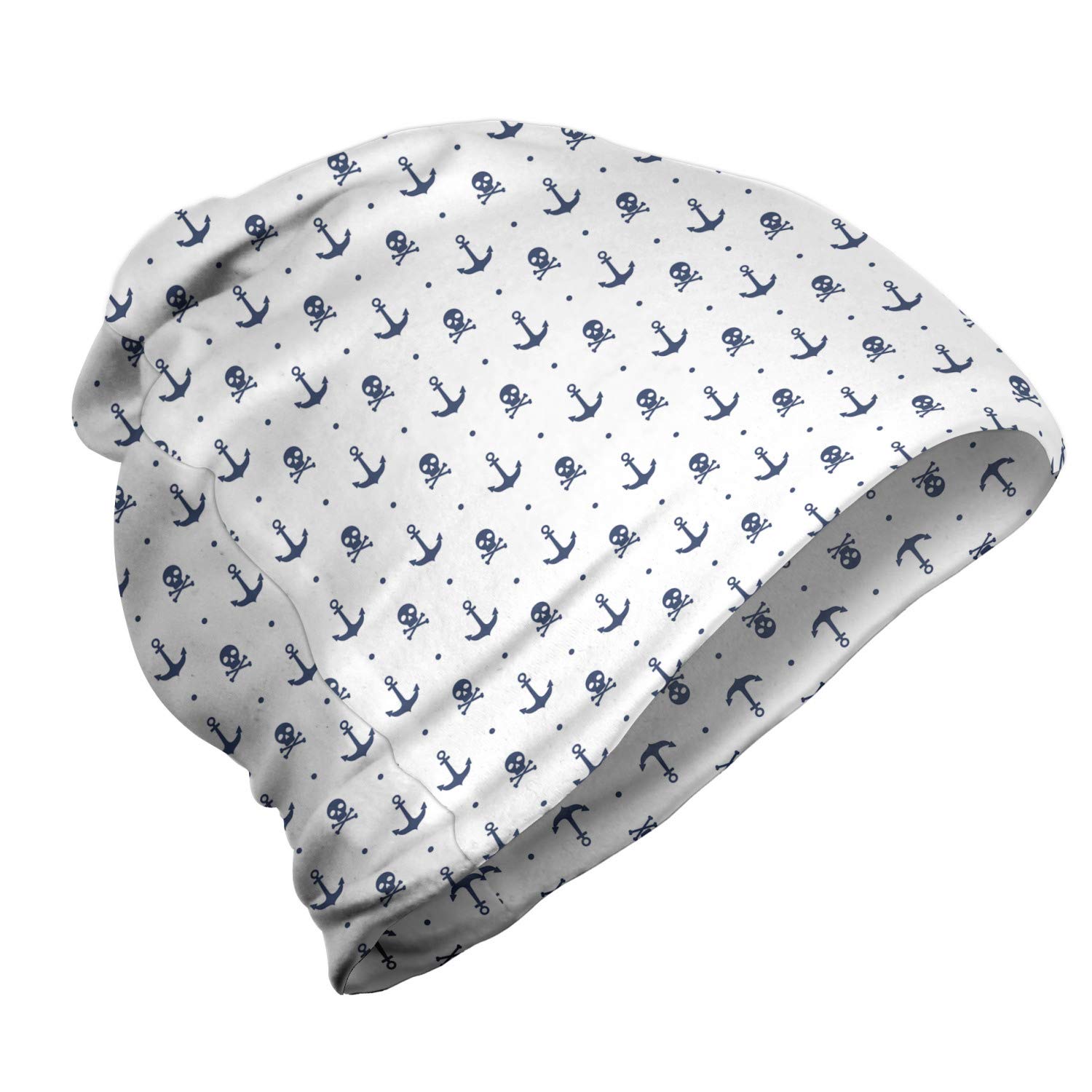 Ambesonne Unisex Beanie - Anchors & Skulls Design - Navy Blue Winter Hat for Men & Women - Perfect for Hiking, Outdoor Activities & Cold Weather Fashion