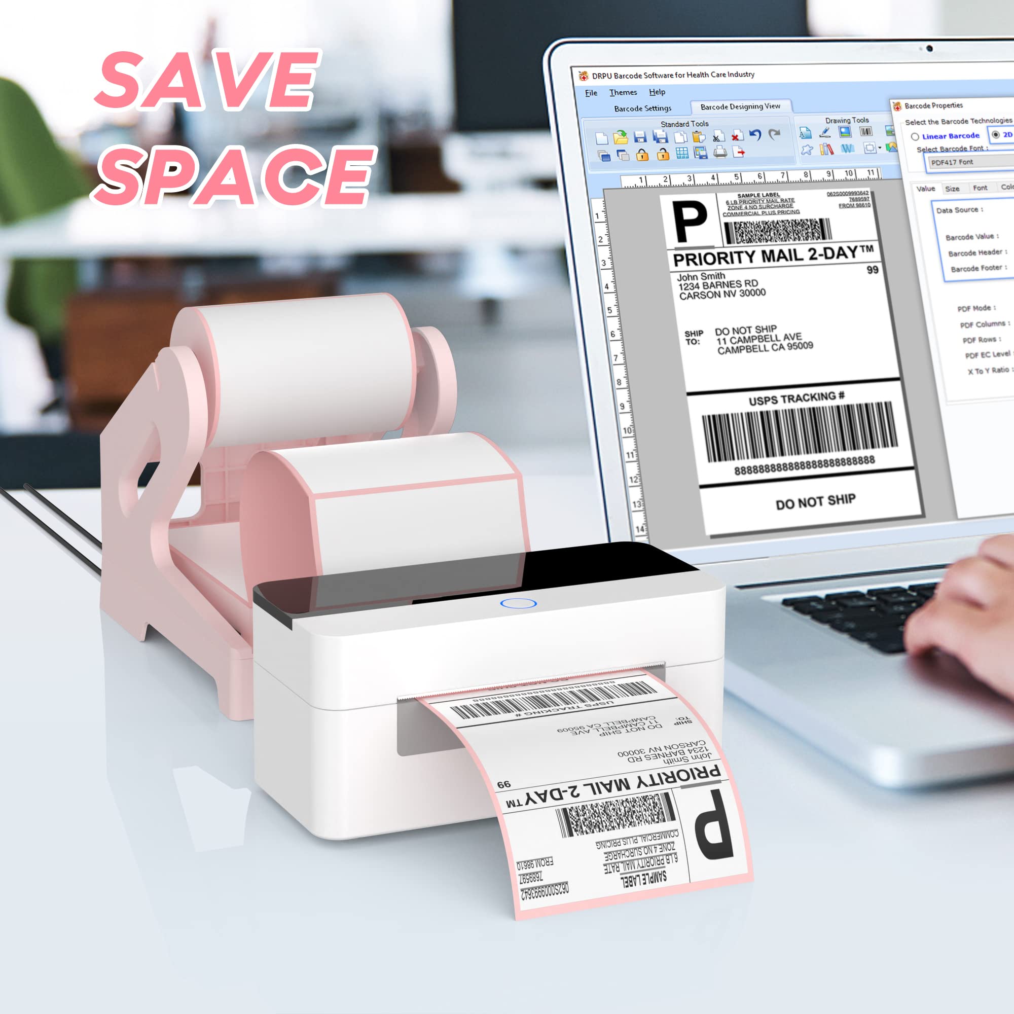 Thermal Label Holder for Shipping Labels - Compatible with Rolls & Fanfold Labels, Desktop Printer Stand, DIY Office & Home Organization Accessory (Pink) | Perfect for E-commerce, Warehouse & Small Business Labeling