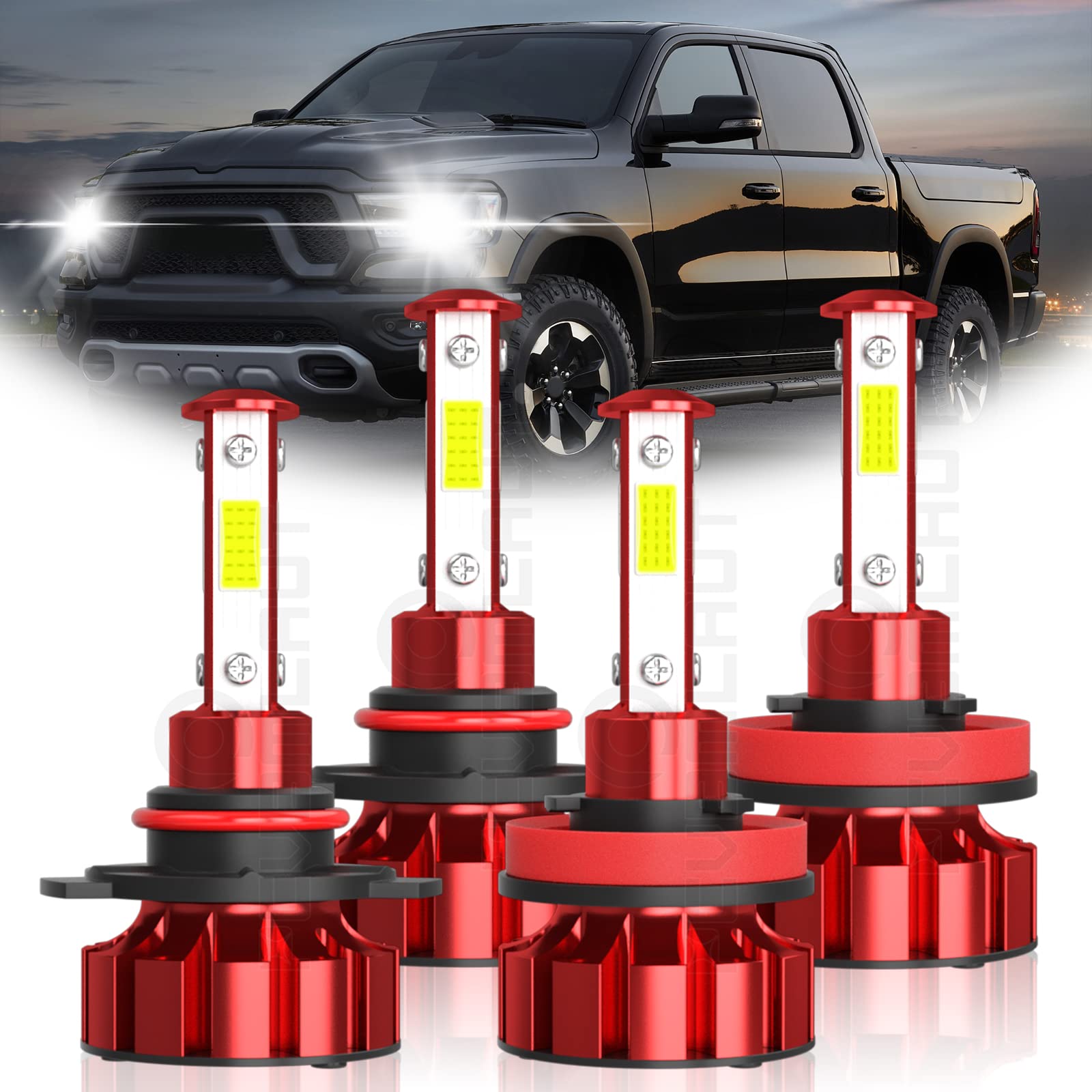 RAM 1500 2500 3500 (2009-2022) LED Headlight Bulbs Kit - 9005 High Beam & H11 Low Beam Replacement - 6000K Super Bright COB Chips - Plug and Play - Pack of 4 - Perfect for Night Driving & Off-Road Adventures