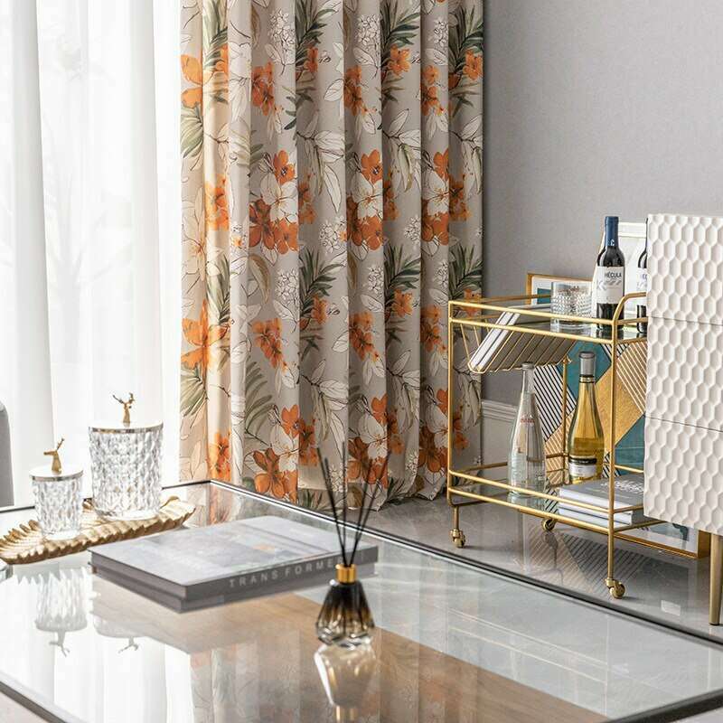 Astor Rideaux Fall Flower Printed Curtains Beige - Elegant Autumn Floral Window Treatments for Living Room & Bedroom Decor