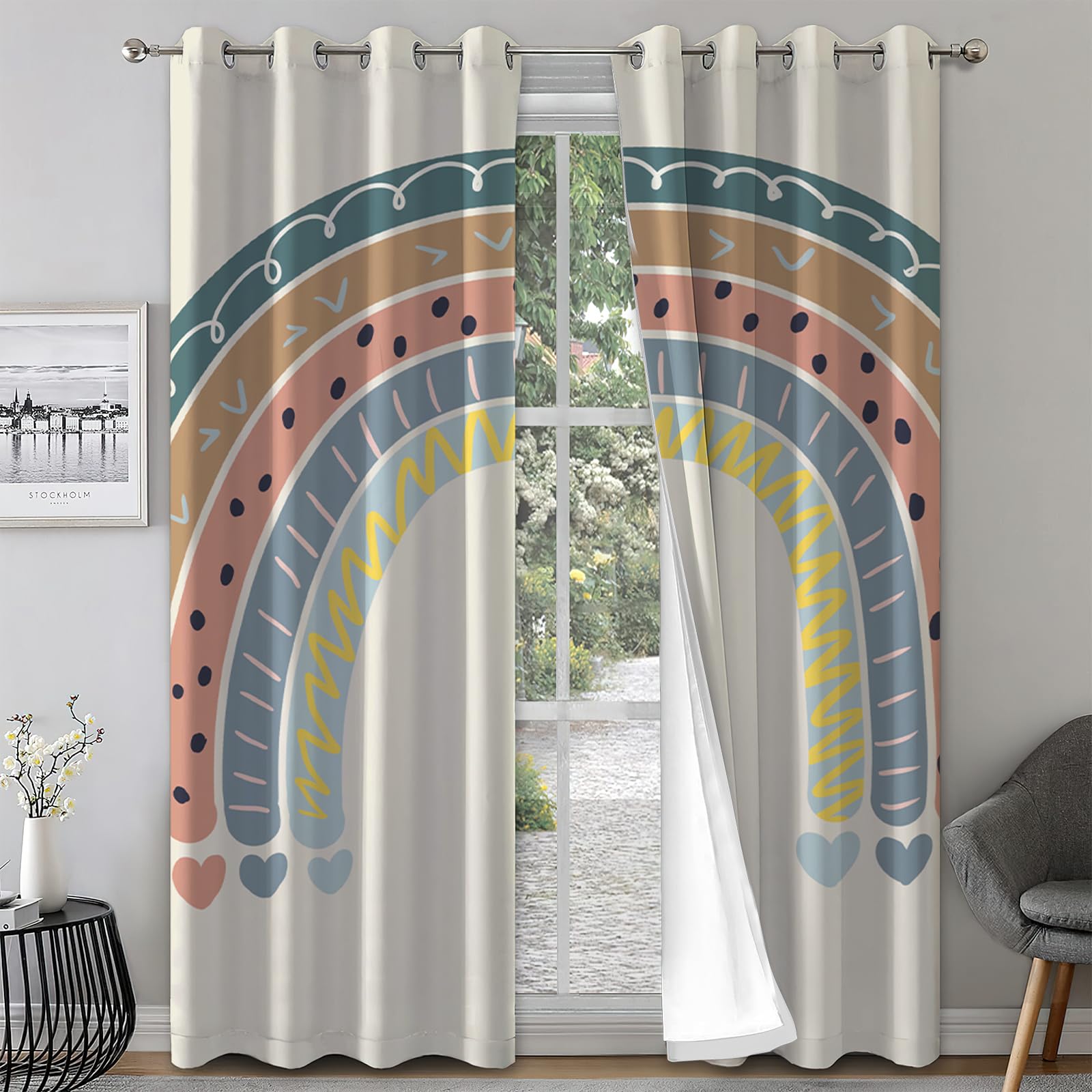 Rainbow Blackout Curtains for Nursery - Thermal Insulated Room Darkening Window Drapes with Grommet Top, Modern Scandinavian Baby Room Decor, 84x108 Inches - Perfect for Bedroom, Living Room & Patio Use