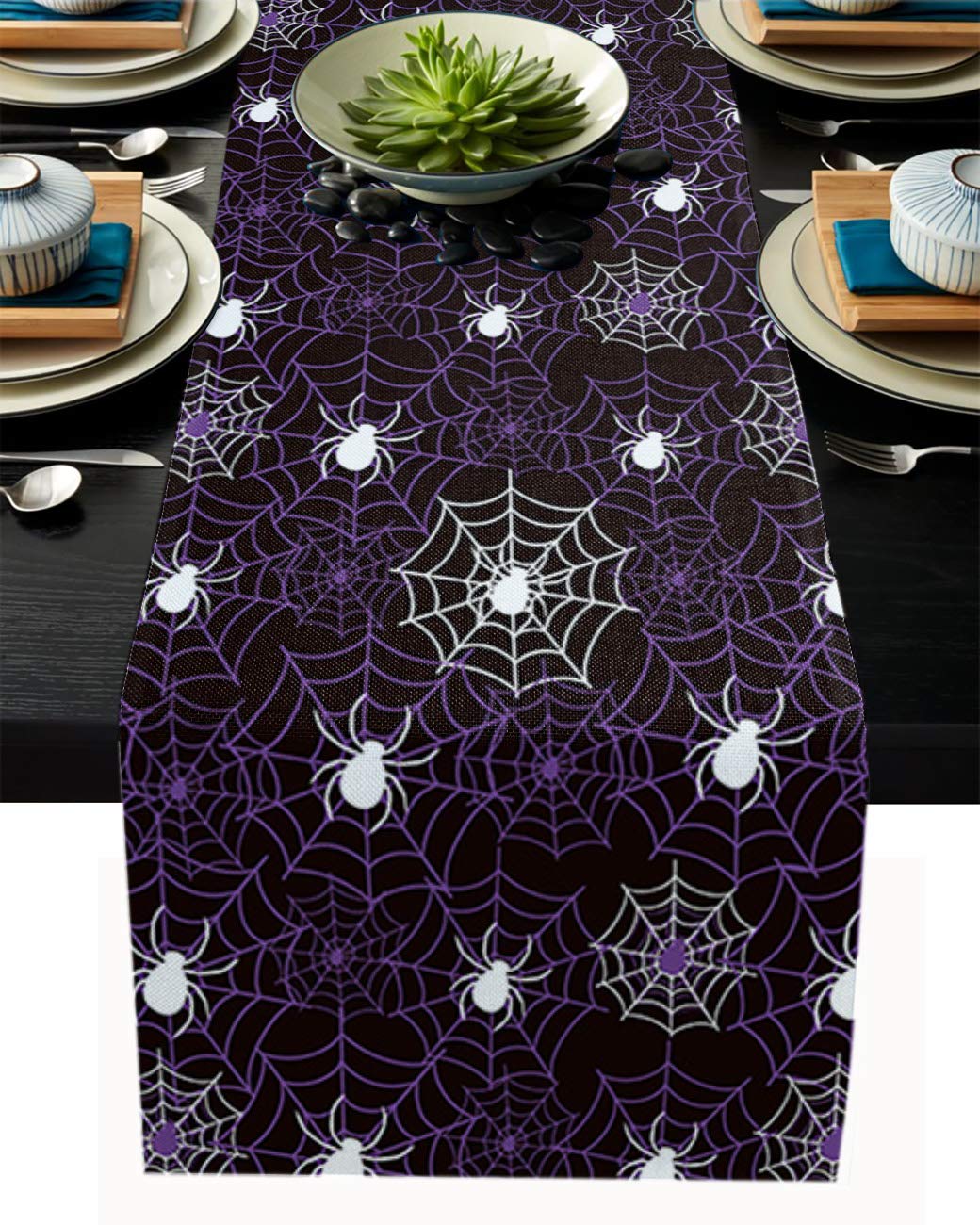 Halloween Purple Light Spider Web Table Runner - 13x48 Inches Long, Washable Non-Slip Rectangle Dining Table Decor for Farmhouse, Party & Holiday Dinner | Perfect for Halloween Decorations, Thanksgiving Table Setting & Christmas Dining Decor