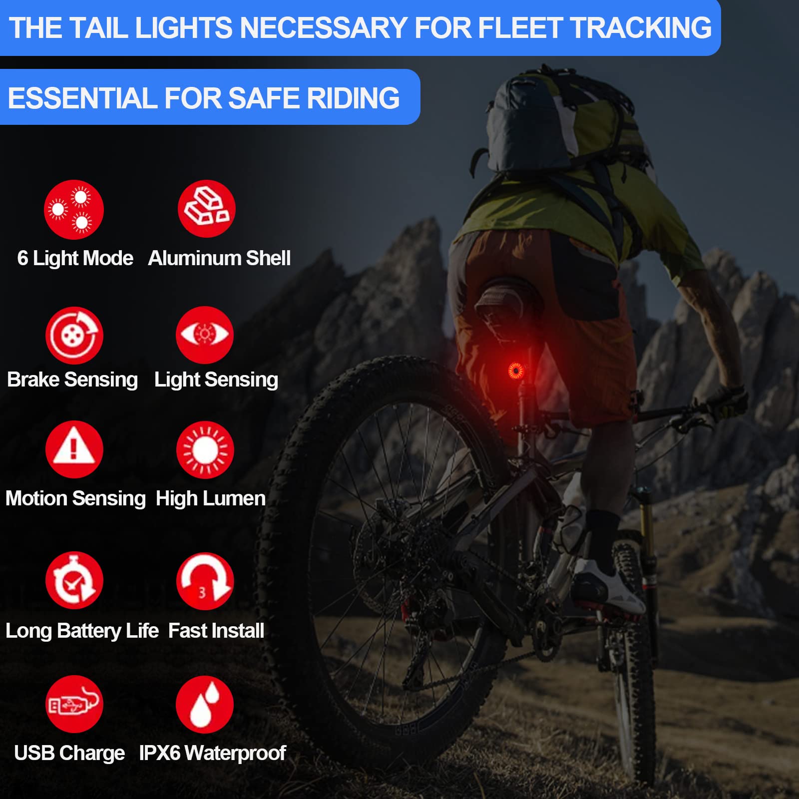 Ultra Bright Smart Bike Tail Light - Auto On/Off Bicycle Brake Light with USB Rechargeable & IPX6 Waterproof Design for Day/Night Safety - Perfect for Commuting, Road Cycling, and Mountain Biking