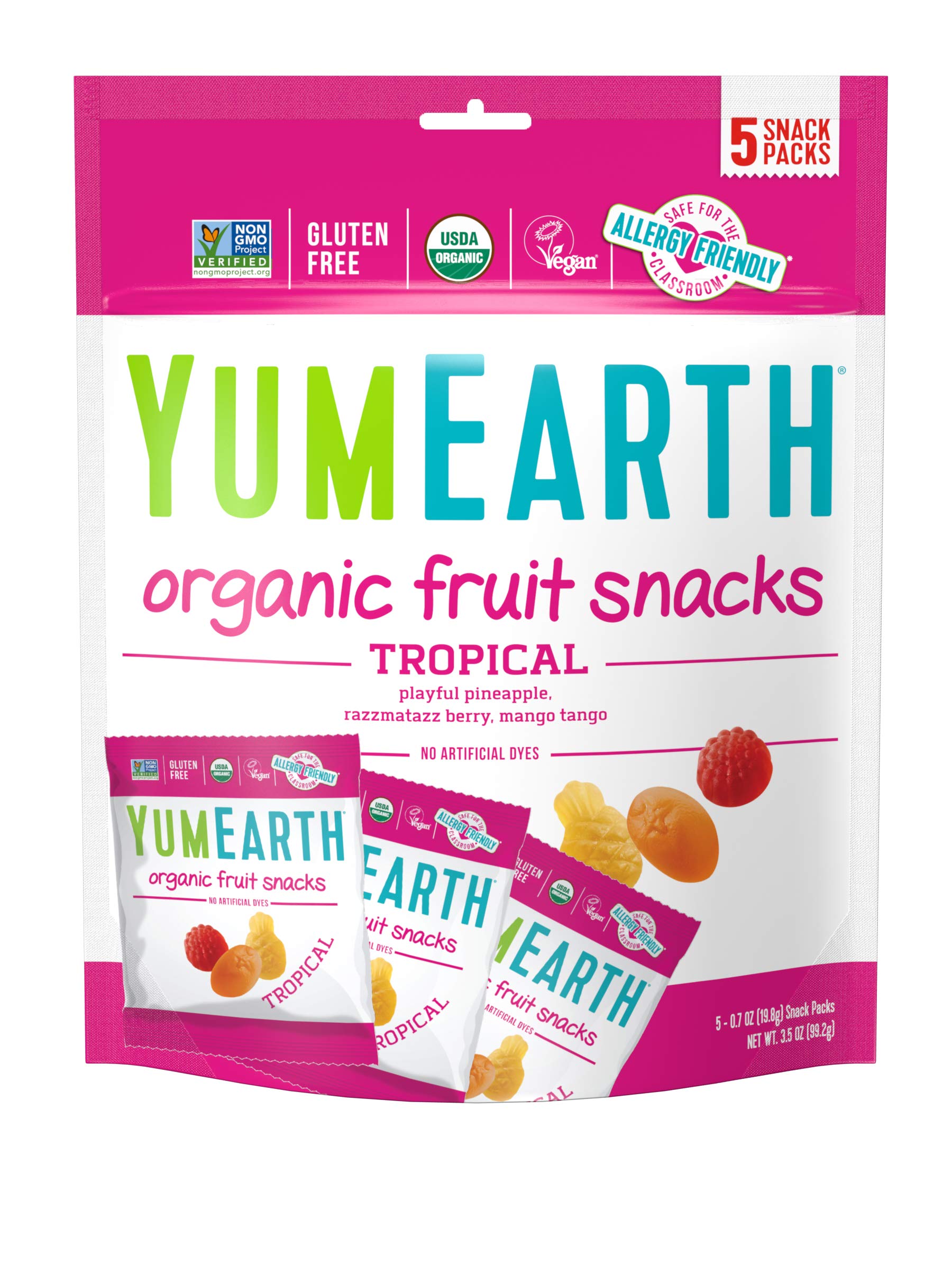 YumEarth Organic Tropical Flavored Fruit Snacks - 60 Pack (0.7oz Each) | Gluten Free, Vegan, Non-GMO, Allergy Friendly | No Artificial Flavors or Dyes | Perfect for School Lunches, Road Trips & Healthy Snacking