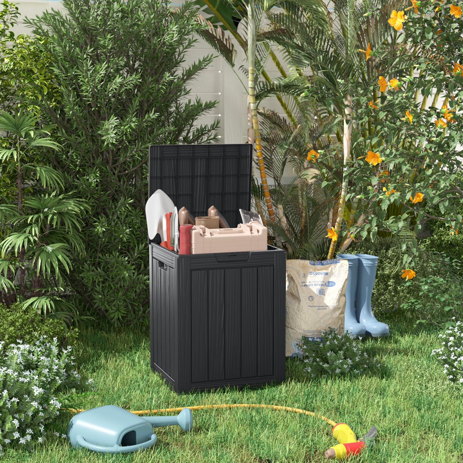 28 Gallon Resin Deck Box with Lock - Waterproof & UV Resistant Outdoor Storage Container for Patio Furniture, Garden Tools, Package Deliveries - Black - Perfect for Backyard, Deck, and Garage Organization
