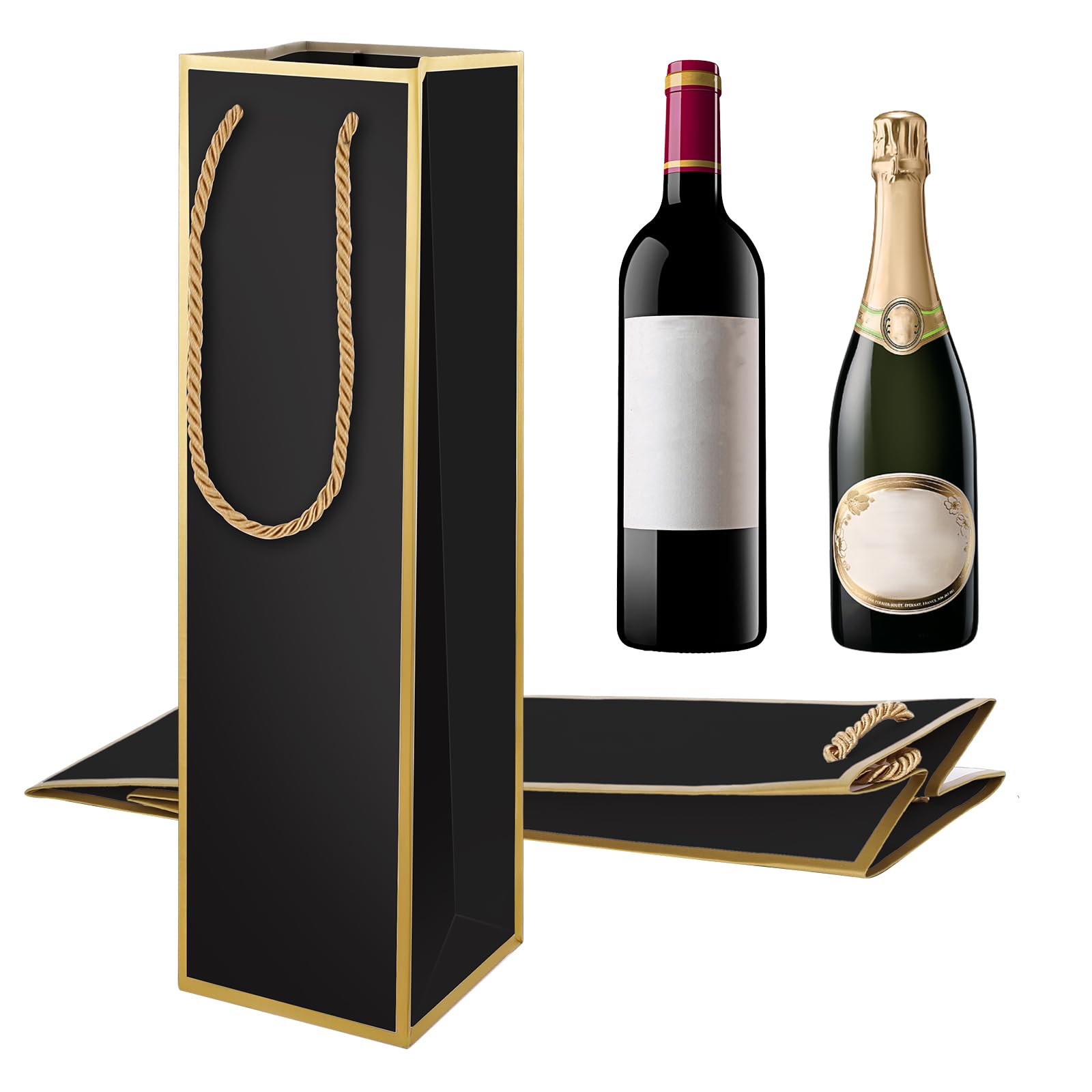 Luxury Wine Gift Bags 2 Pack - Reusable Gold Foil Print Black Wine Bottle Bags (4