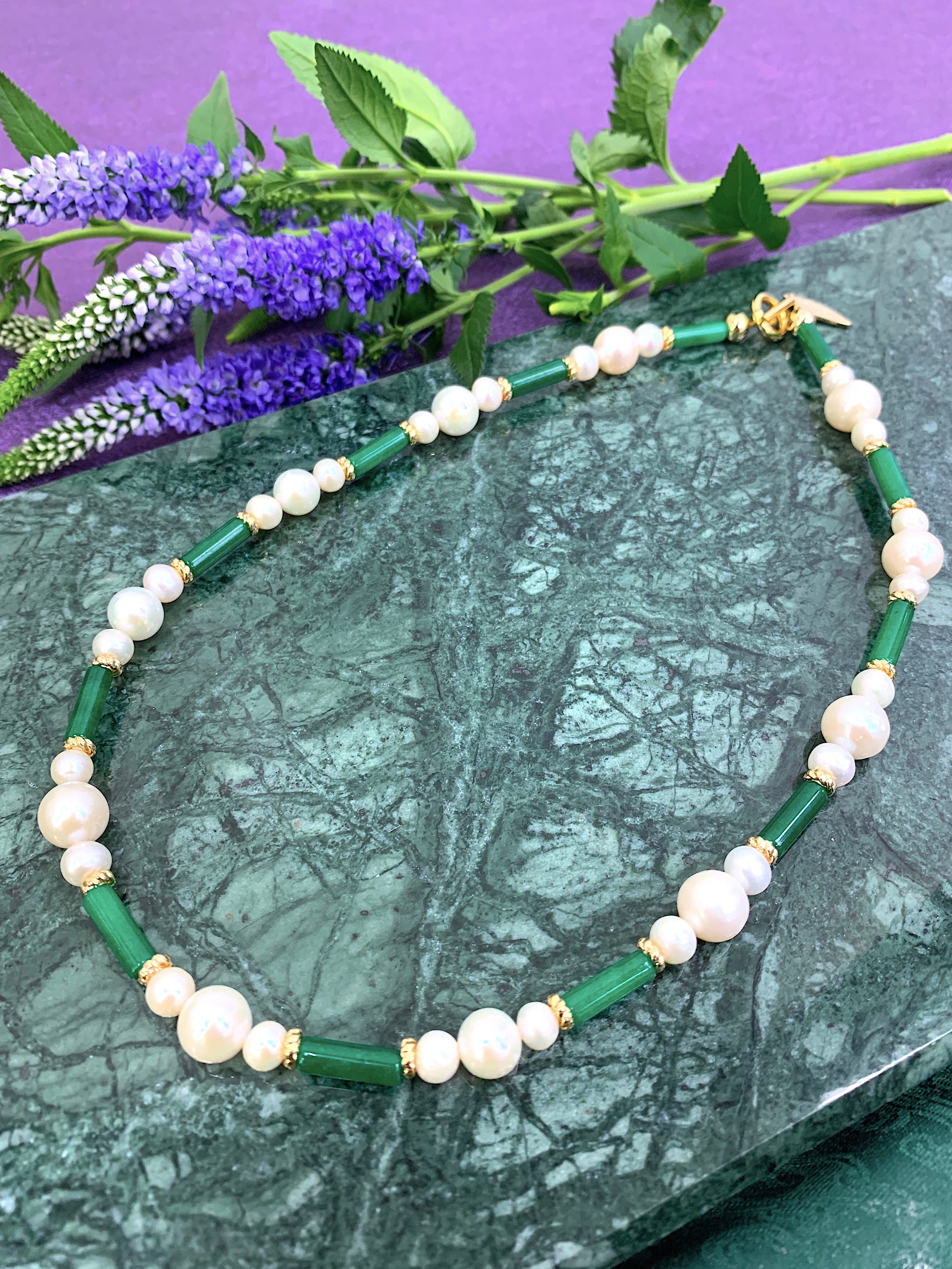 Elegant Tube Shaped Green Jade & Freshwater Pearl Necklace HN009 - Perfect for Weddings, Parties & Special Occasions