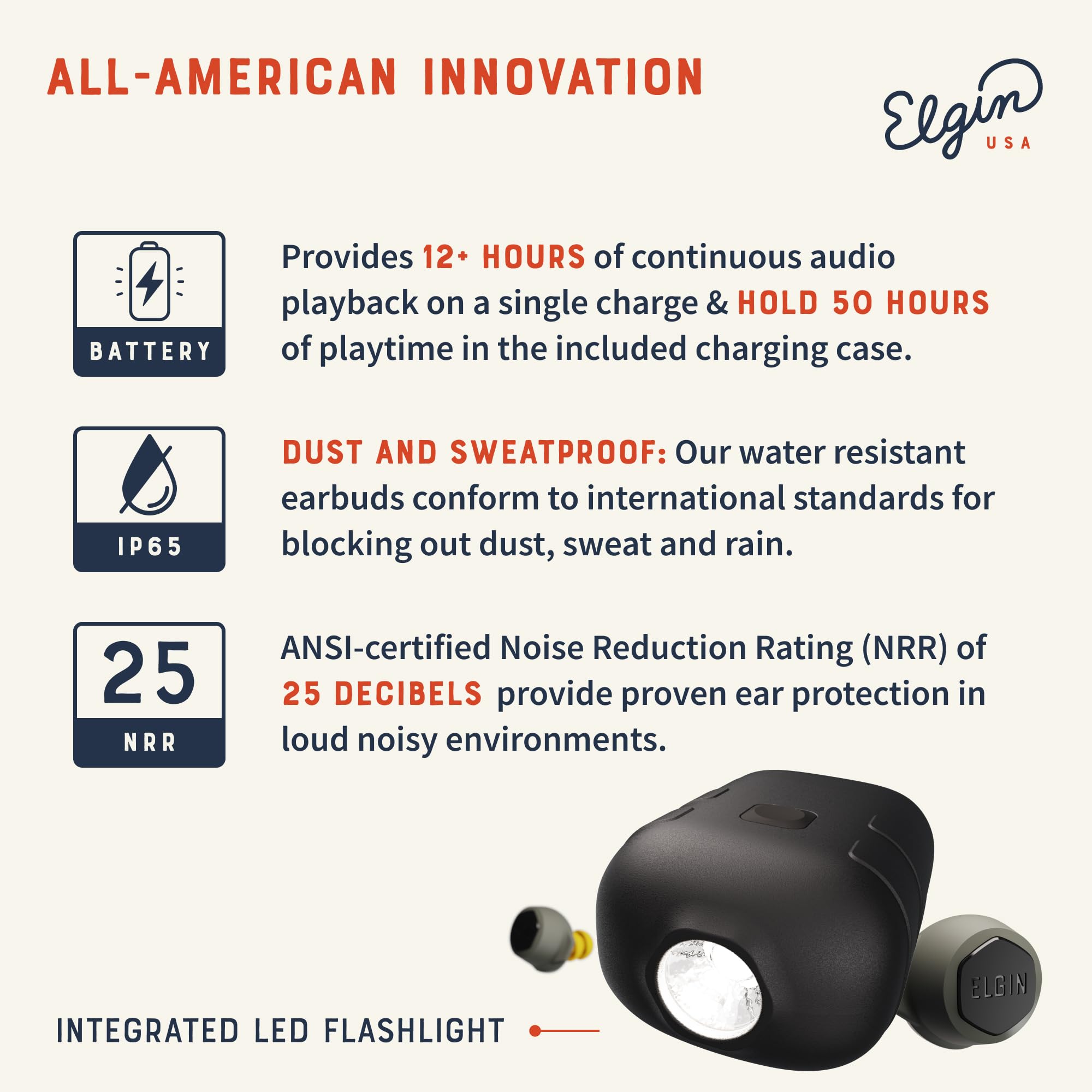 Elgin Rebel True Wireless Earbuds - 25dB Noise Cancelling Bluetooth Headphones with Mic | 12+ Hour Battery | IP65 Water Resistant | OSHA Compliant Hearing Protection for Construction & Industrial Work | Perfect for Loud Work Environments, Gym & Commuting