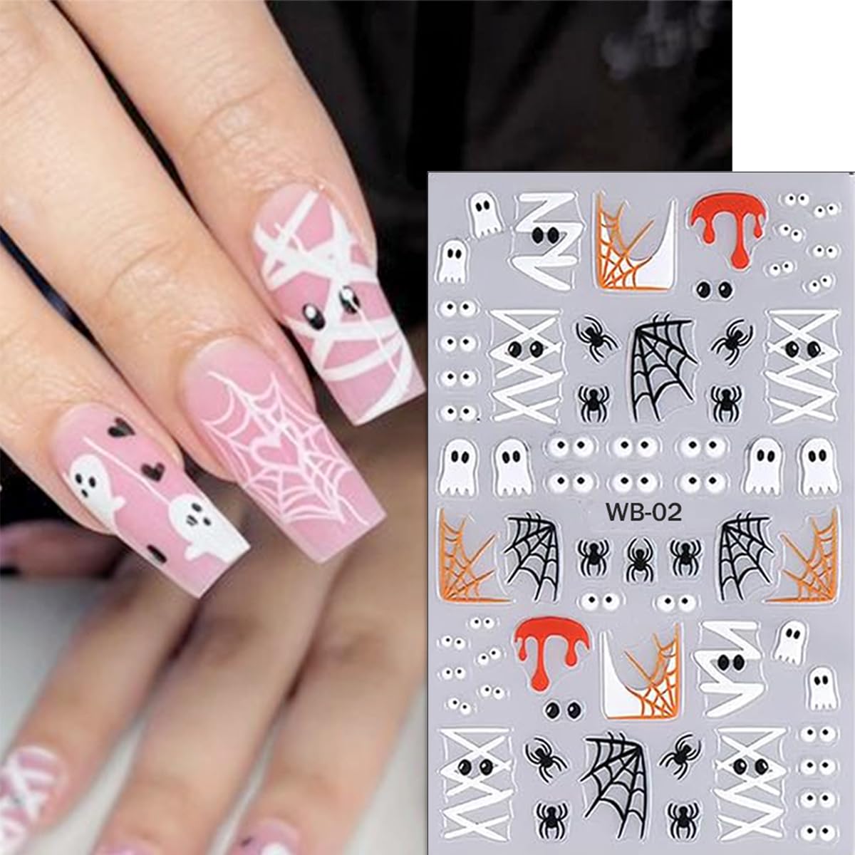 Halloween Nail Stickers - 6 Sheets Cute Ghost, Spider Web, Pumpkin & Mummy Nail Art Decals | Self-Adhesive Nail Designs for Women | DIY Manicure Decorations for Halloween Parties & Costume Events
