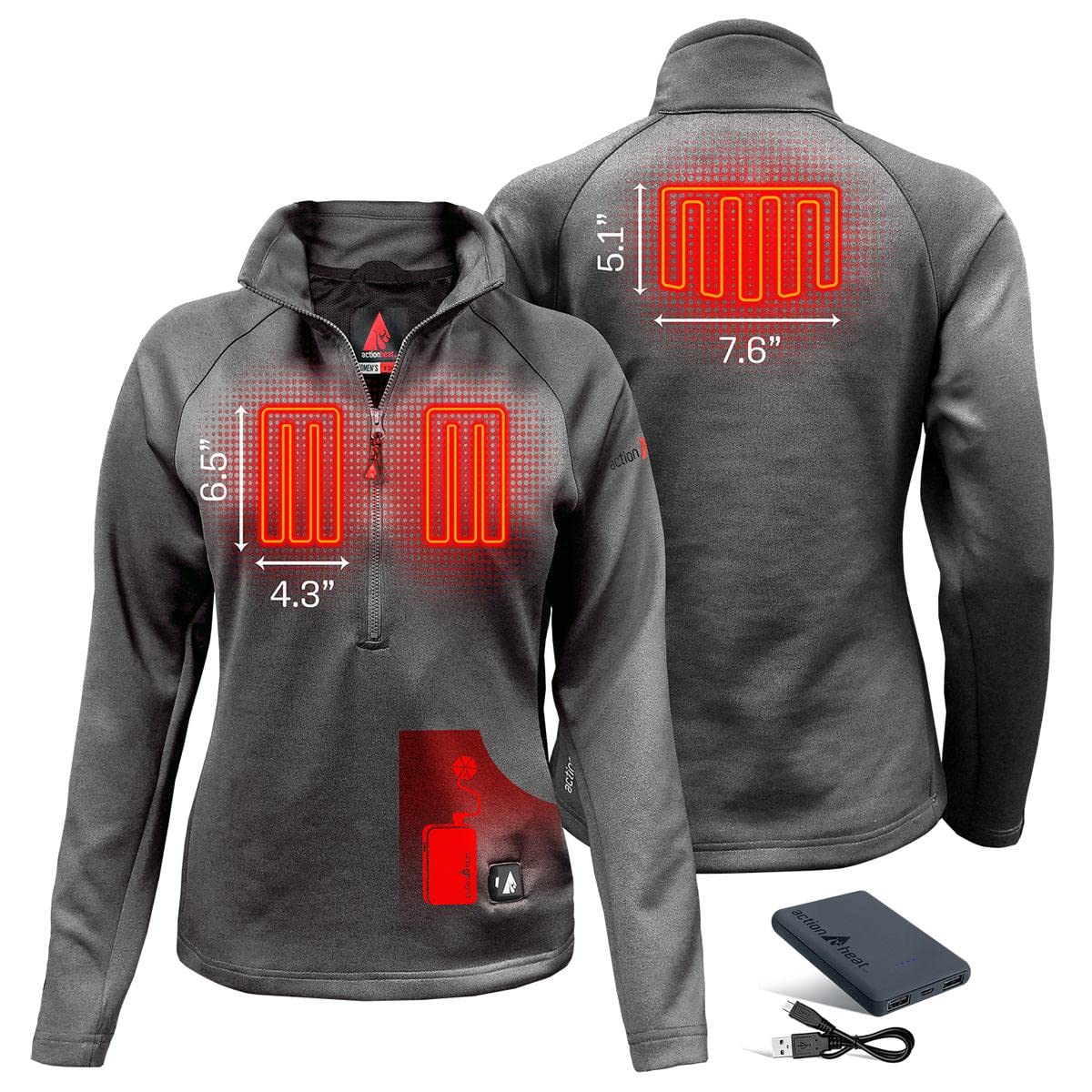 ActionHeat 5V Battery Heated 1/2 Zip Pullover Shirt for Women - 3-Zone Heating System with Touch-Button Technology, Grey XL - Perfect for Winter Sports, Outdoor Activities & Cold Weather Commuting
