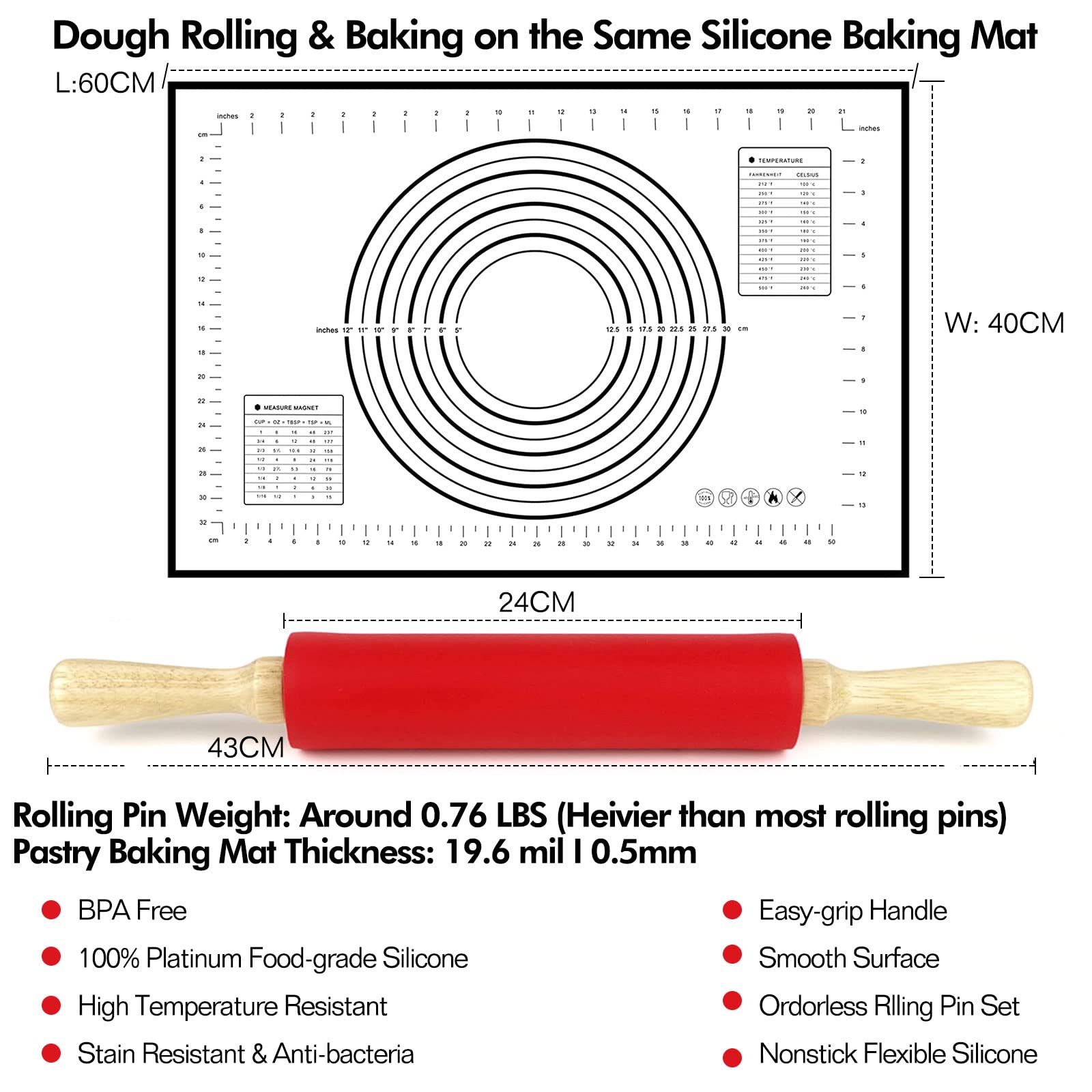 Non-Stick Silicone Rolling Pin with Wooden Handle - 17 Inch Professional Dough Roller for Pastry, Pizza & Fondant | Includes Smooth Baking Mat | Perfect Kitchen Gift for Bakers & Home Cooks | Ideal for Baking, Cookie Making & Cake Decorating