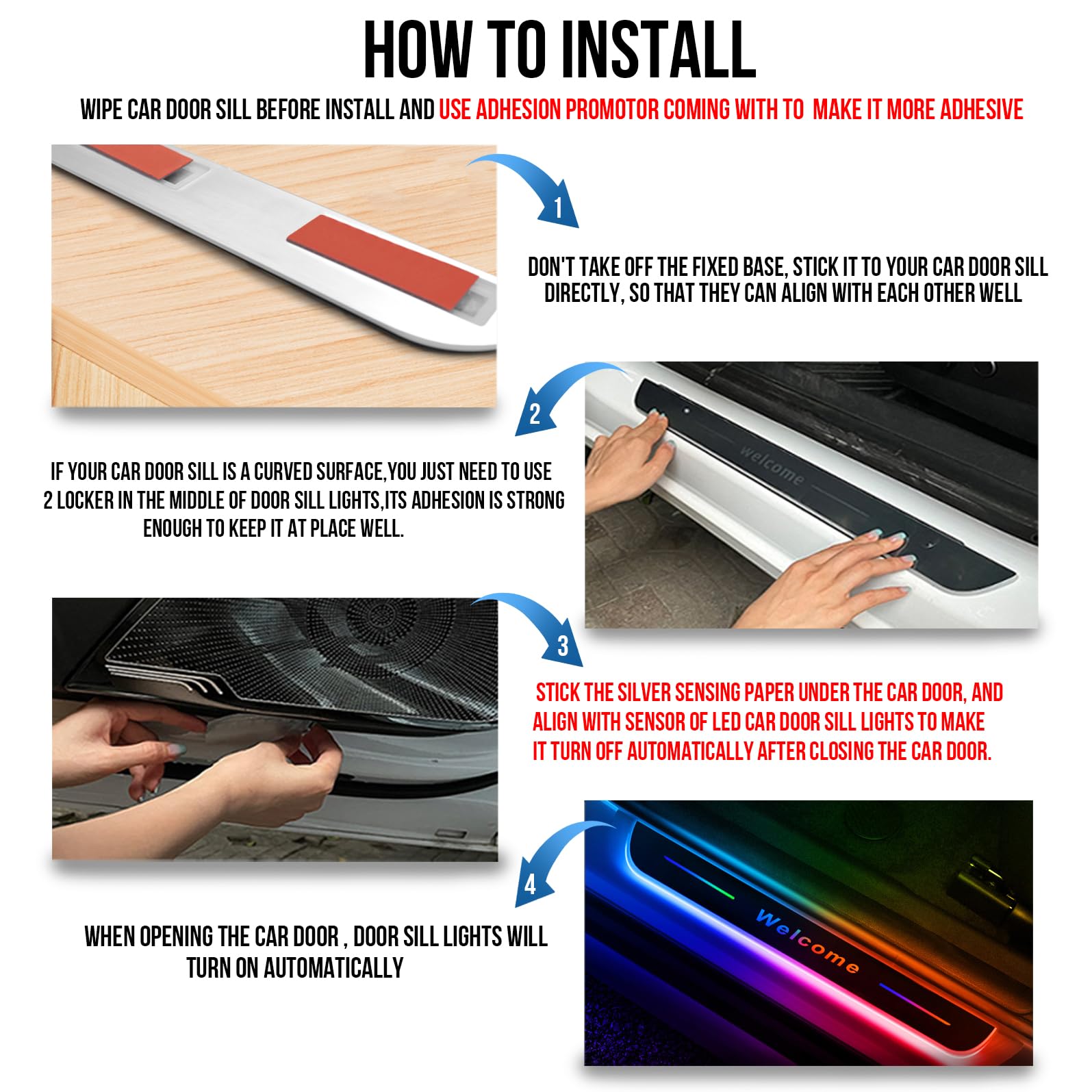Custom Wireless LED Car Door Sill Lights - High Brightness 7 Colors 28 Modes Auto-Sensing Waterproof LED Light Plate, Easy Install & Rechargeable for Cars, SUVs, Trucks & Nighttime Safety