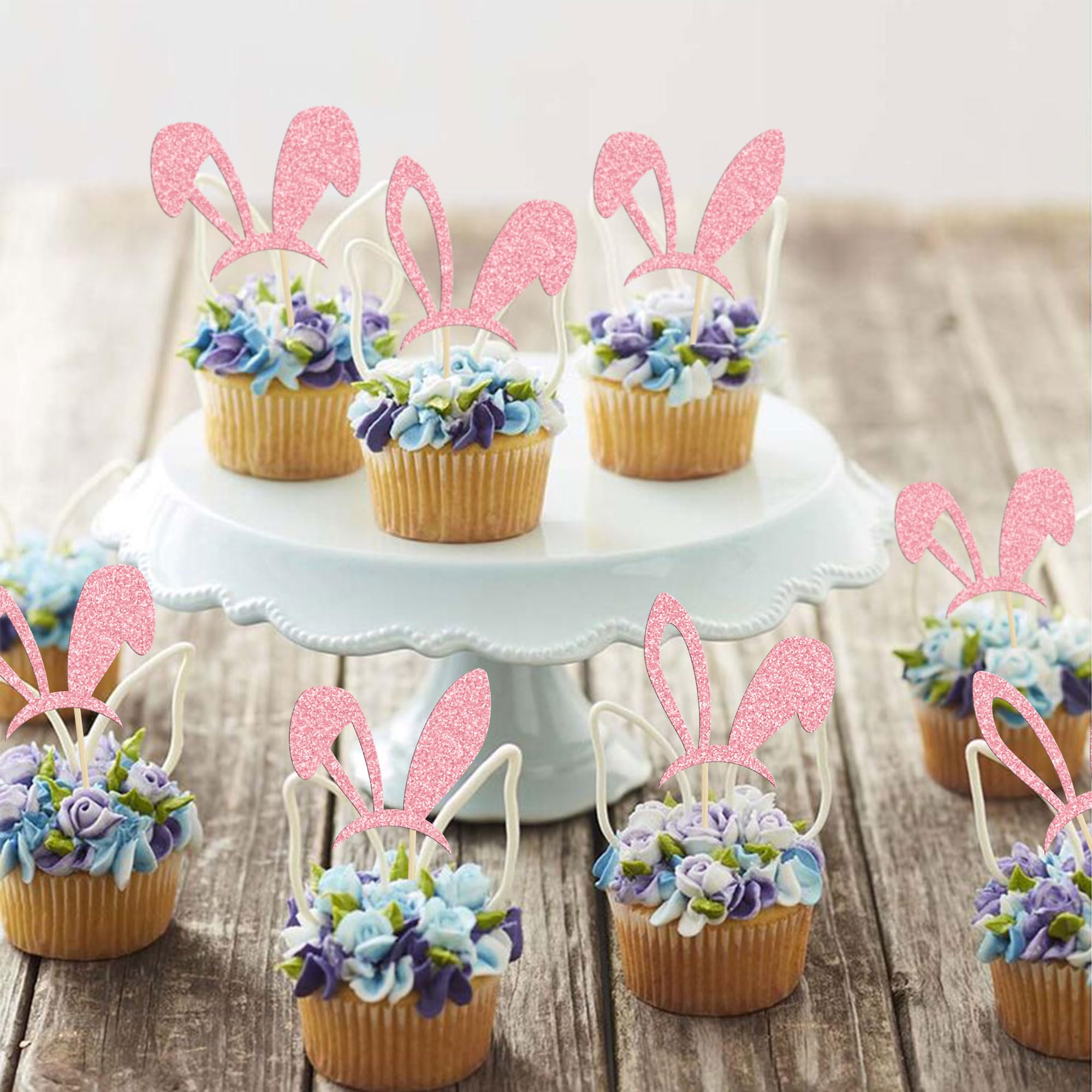 24 Pack Easter Bunny Ear Cupcake Toppers - Pink Glitter Rabbit Cake Decorations for Easter, Spring Birthday & Baby Shower Party Supplies | DIY Dessert Decor, Holiday Baking, Themed Celebrations