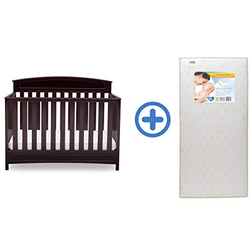 Delta Children Sutton 4-in-1 Convertible Baby Crib with Twinkle Stars Waterproof Fiber Core Mattress - Espresso Java Finish | Safe Nursery Bed for Newborns, Infants & Toddlers | Perfect for Daycare, Nursery Rooms & Guest Bedrooms