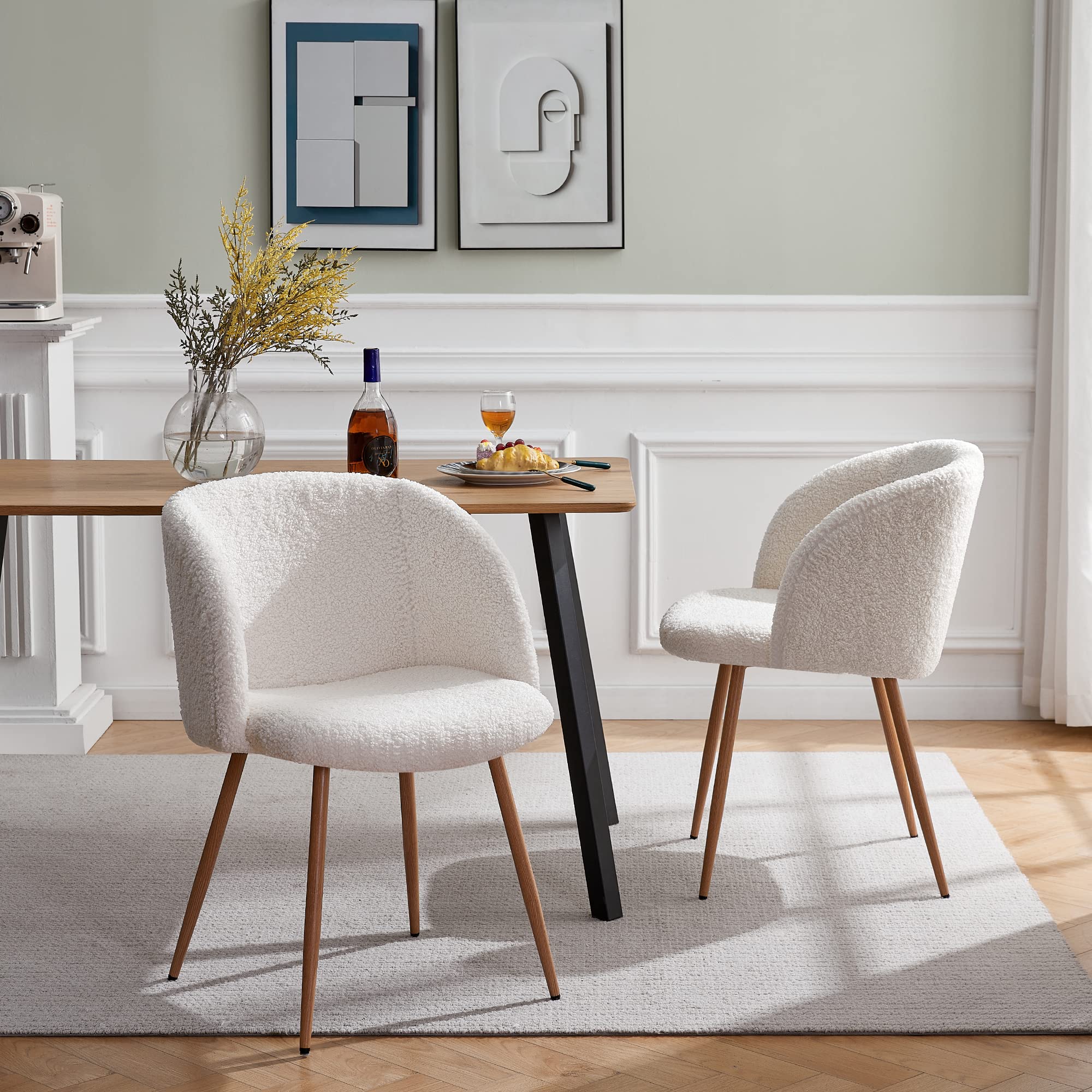 Nordicana Set of 2 Fuzzy Sherpa Accent Chairs - Barrel Back Faux Fur Upholstered Armchairs with Wood Grain Metal Legs for Dining & Living Room - Cozy Home Decor (Off White) - Perfect for Reading Nooks, Lounge Areas & Farmhouse Style Interiors