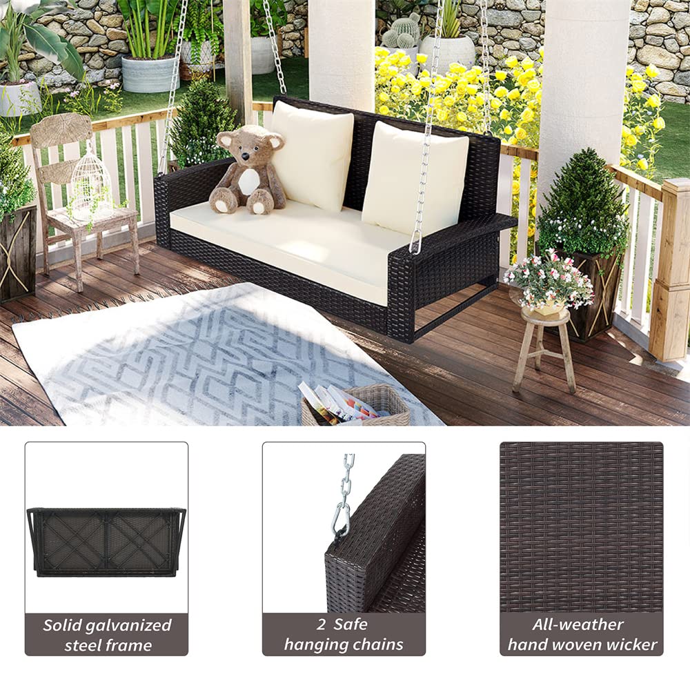 2-Person Wicker Hanging Porch Swing - Outdoor Rattan Swing Bench with Removable Cushion & Steel Chains - Heavy Duty Garden Swing for Backyard, Patio, Poolside - Perfect for Relaxing, Reading & Enjoying Nature (Brown)