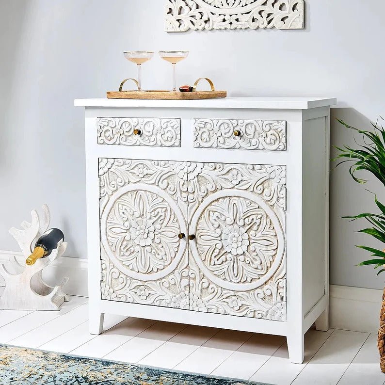 Hand Carved Wooden Storage Cabinet - Small Sideboard with Intricate Designs | Perfect for Living Room, Bedroom, or Entryway Organization