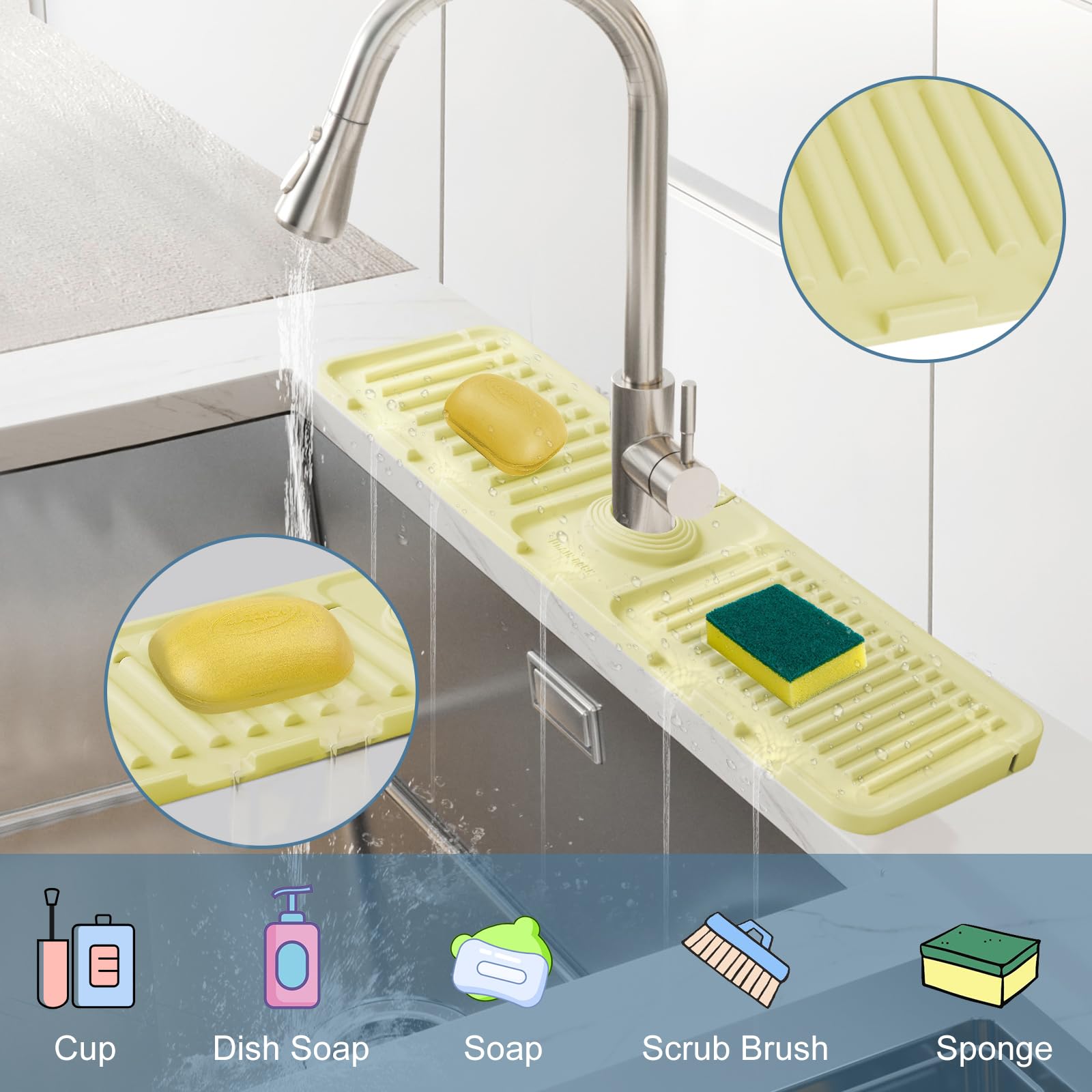 Premium Silicone Kitchen Sink Splash Guard & Faucet Drip Catcher - 17.5