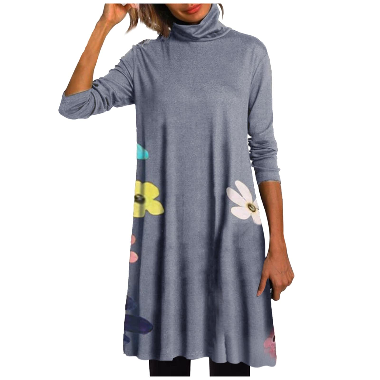 Women's Casual Long Sleeve Turtleneck Floral Print Loose Fit Dress - Elegant Comfort for Work, Date Night & Fall Fashion