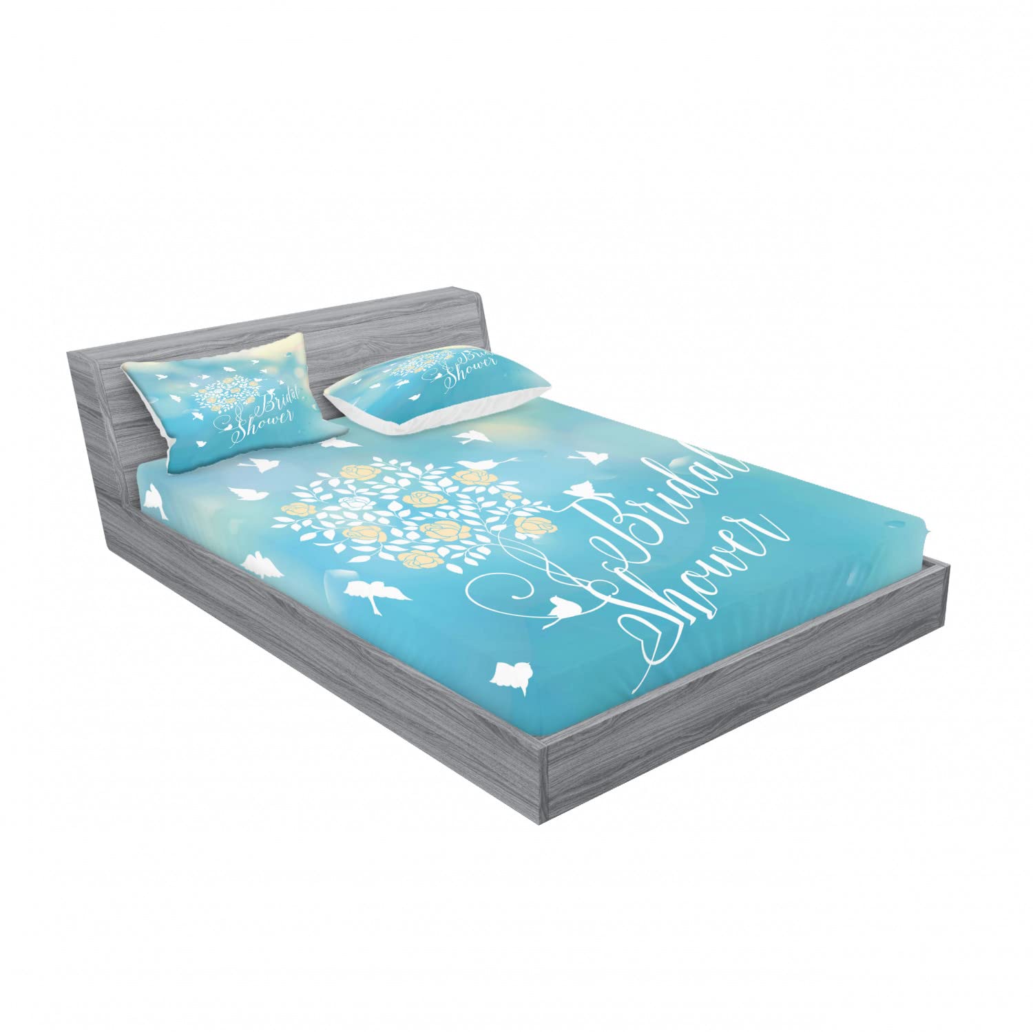 Ambesonne 2-Piece Queen Fitted Sheet & 4-Piece Pillow Sham Set - Blue Sky Floral Pattern Bedding Collection (Sky Blue, Cream & White) for Master Bedroom, Guest Room or Vacation Home Decor