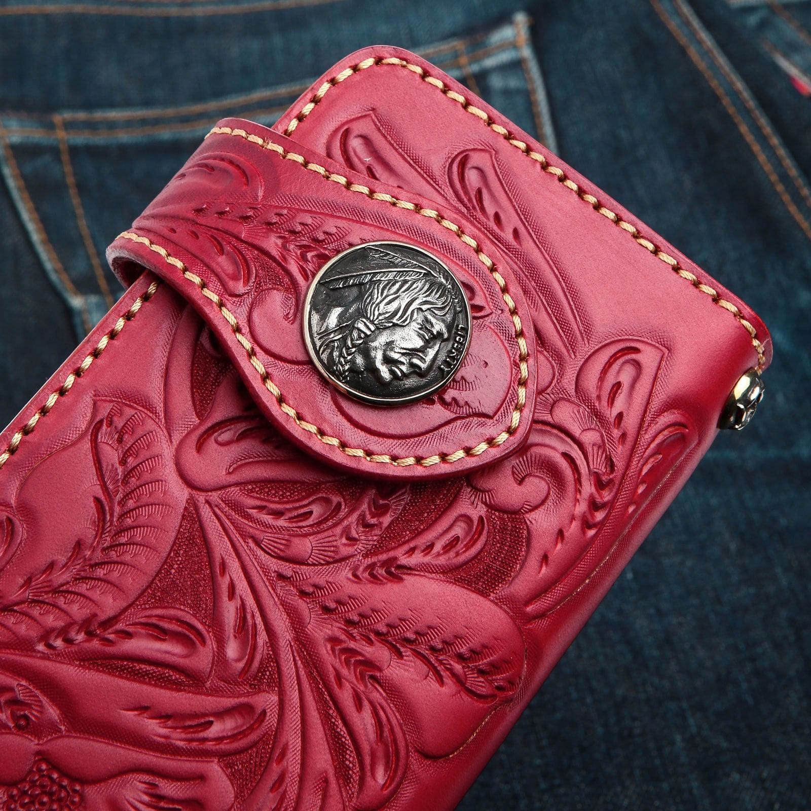 Premium Genuine Red Indian Leather Biker Wallet for Men - Stylish & Durable RFID Blocking Wallet for Motorcycle Riders, Travel & Everyday Use