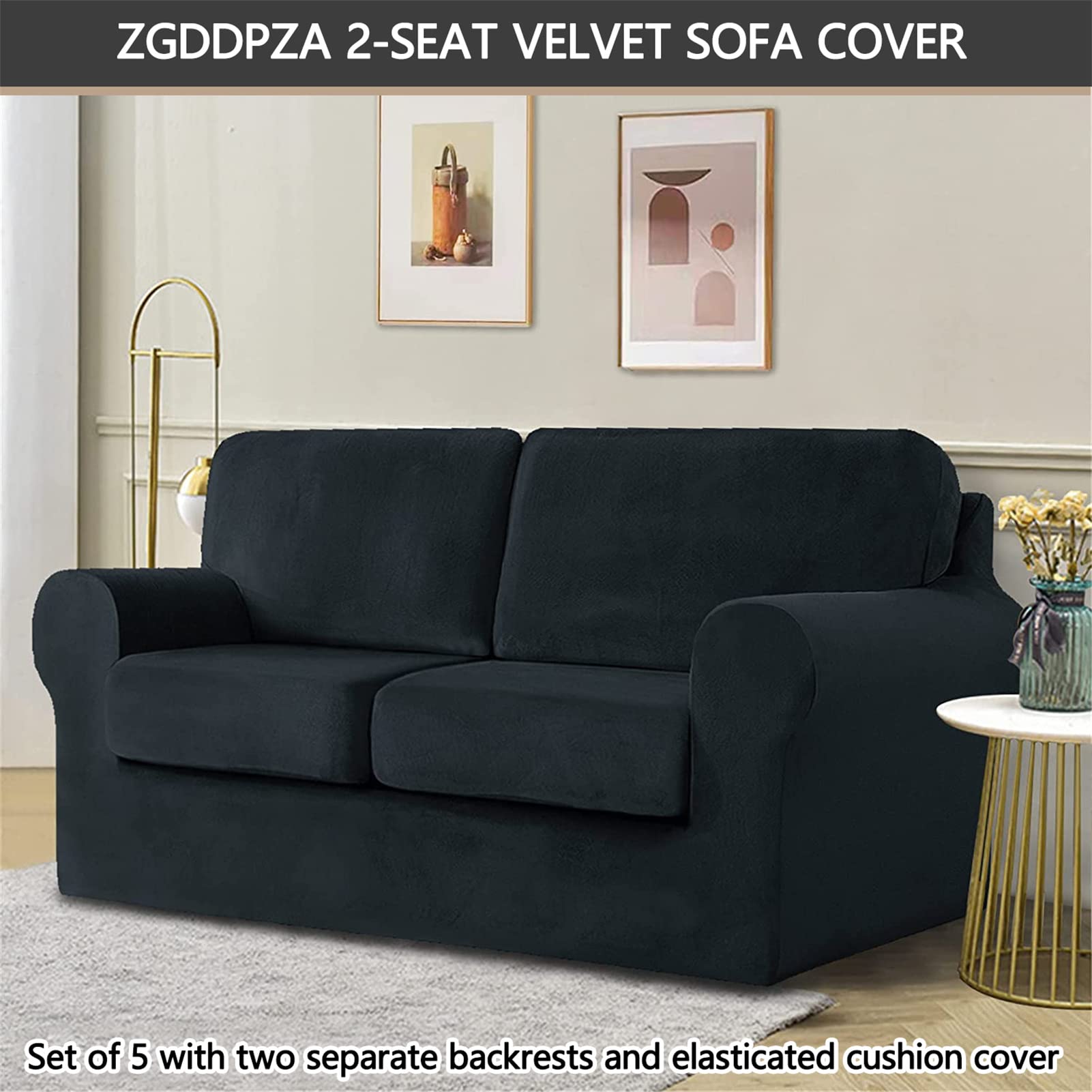 5-Piece Stretch Velvet Sofa Cover Set for 2-Seater Couch - Includes 2 Seat Cushion Covers & Backrest Cover - Soft Furniture Protector for Loveseat/Chair (Black) - Perfect for Living Room, Bedroom & Home Decor Protection