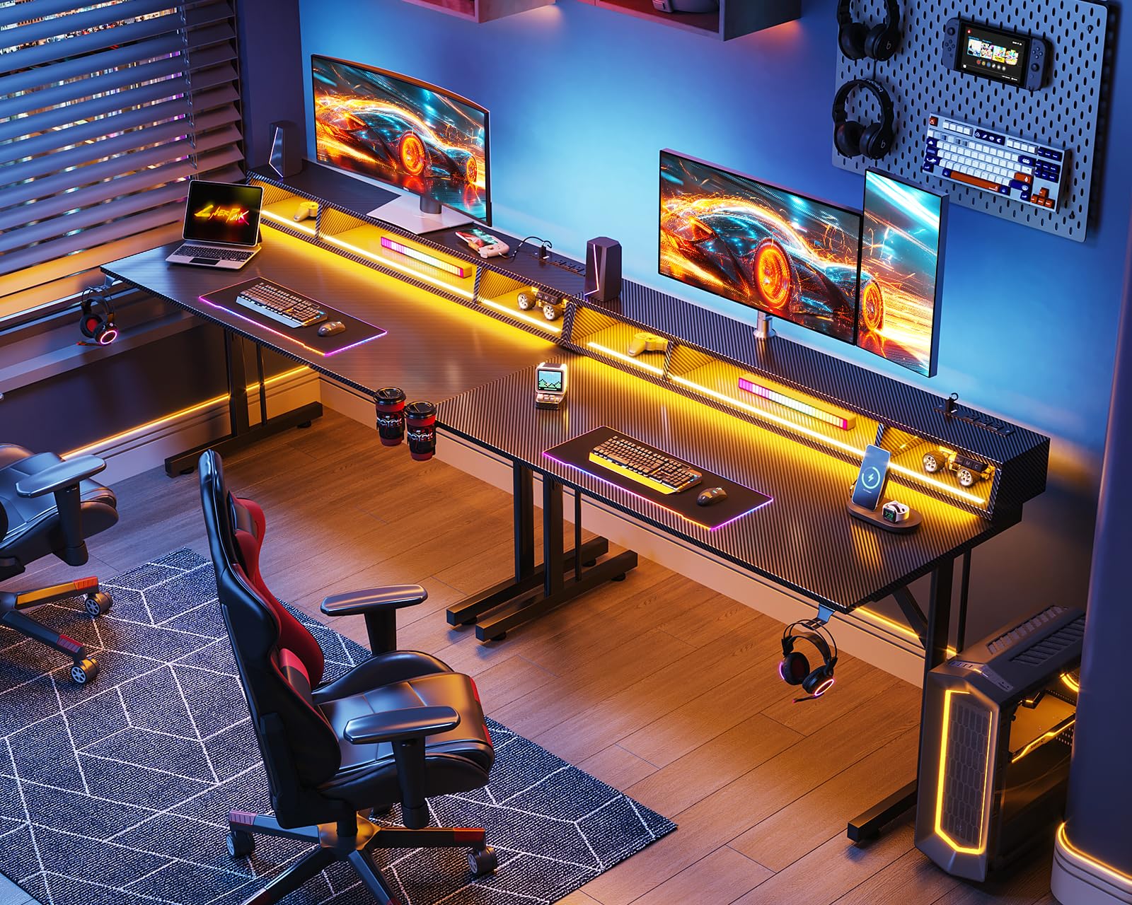 48 Inch LED Gaming Desk with Power Outlets & Floating Monitor Stand - Carbon Fiber Computer Table for Kids & Teens - Perfect for PC Gaming, Streaming & Home Office Setup