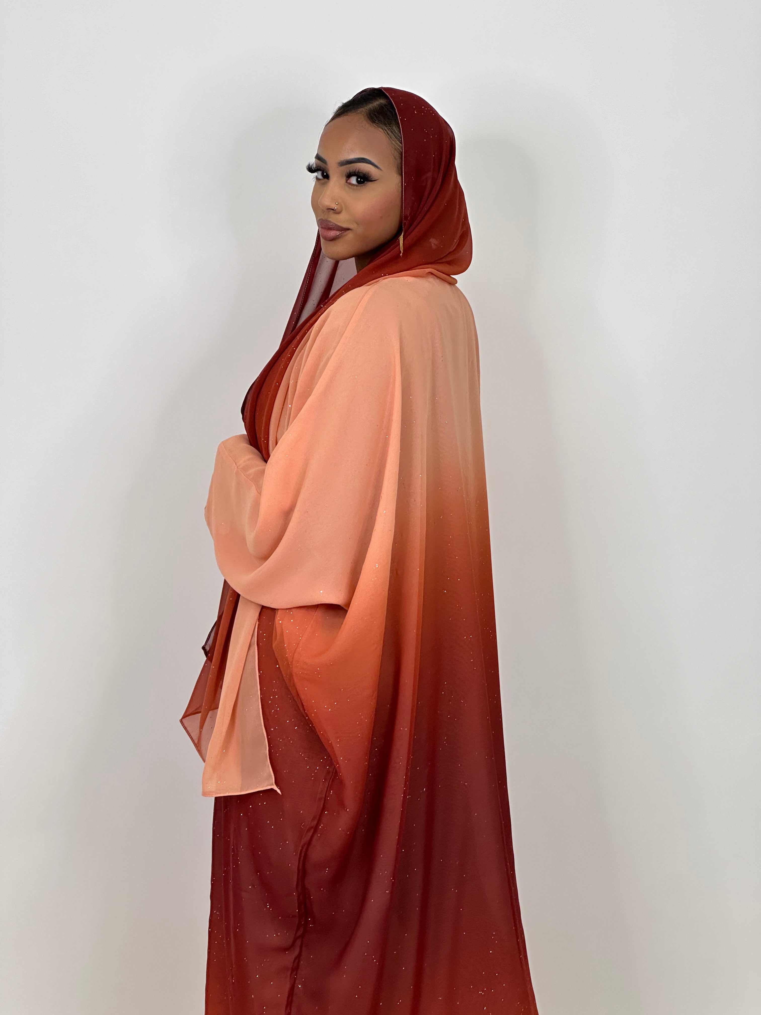 Elegant Sunset Ombré Stars Abaya Dress for Women - Modest Islamic Fashion for Prayer, Evening Events & Special Occasions
